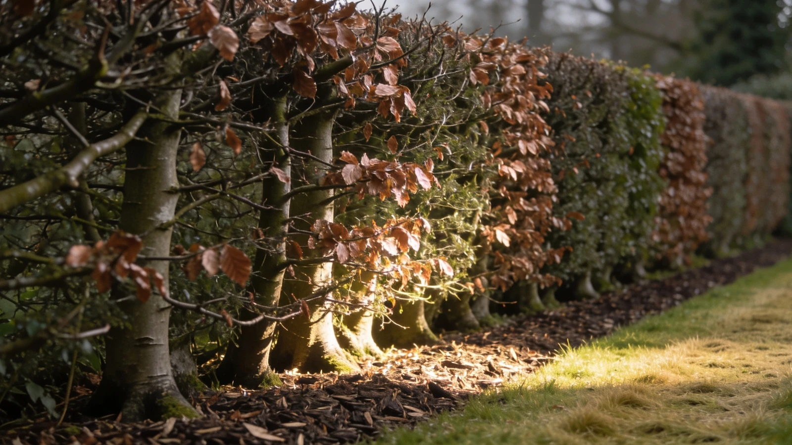 Established beech hedge holding copper winter leaves with a mulched strip at its foot
