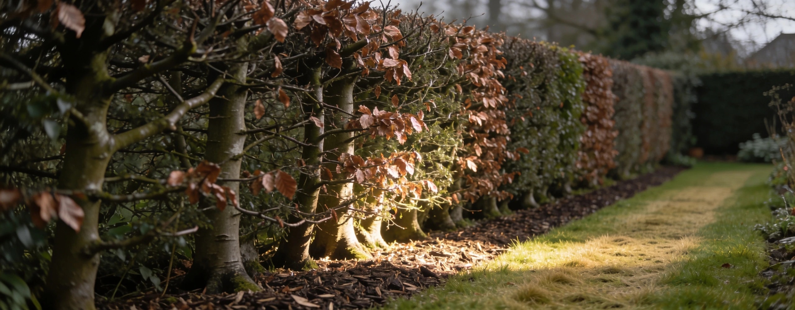 An established beech hedge cut with a taper to the base Established beech hedge holding copper winter leaves with a mulched strip at its foot