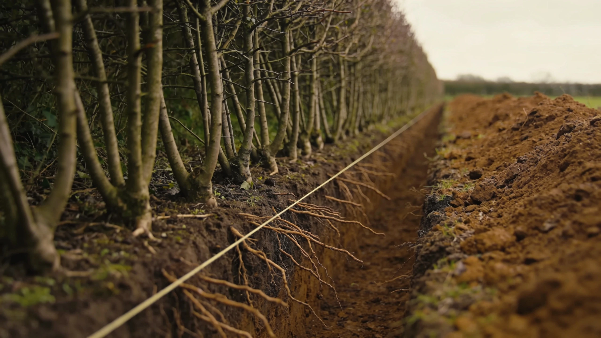 Three plants per metre in a slit trench Row of young hedging plants set at even spacing along an open planting trench in dug soil