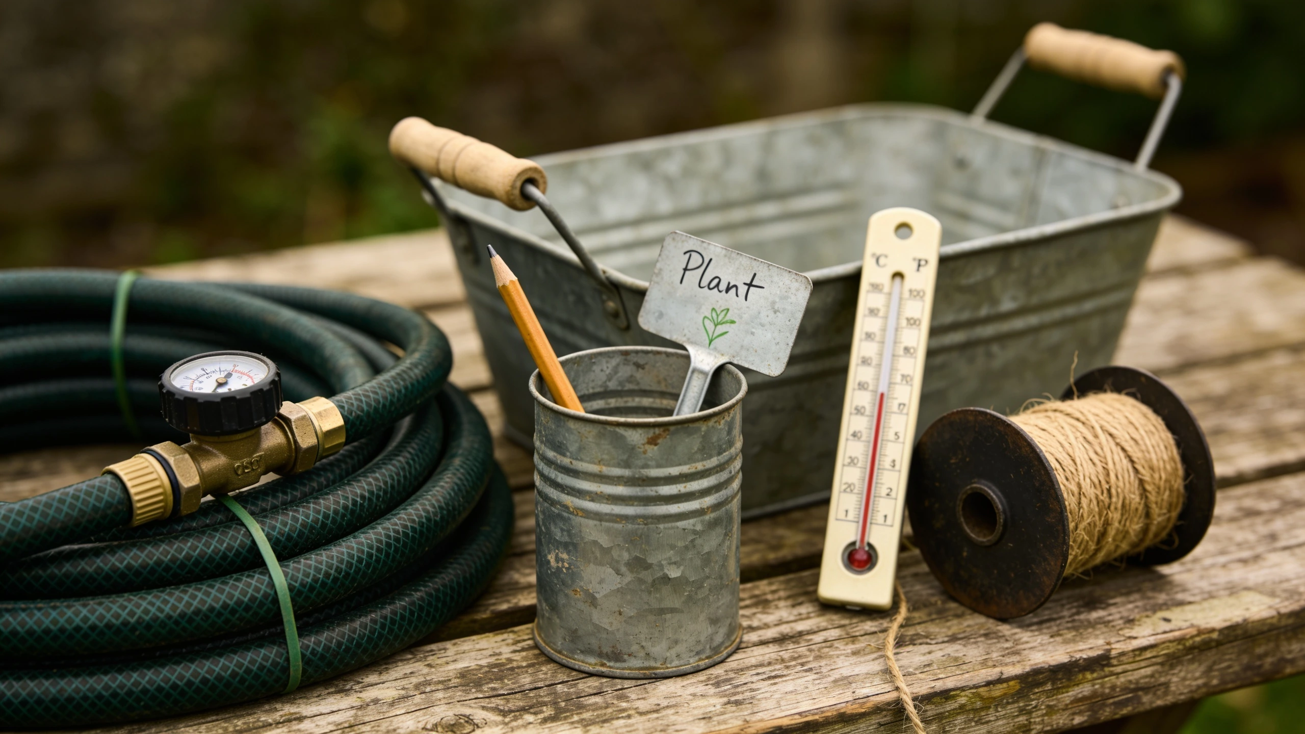 Soaker hose with a tap timer, zinc labels, a trug, twine and a soil thermometer