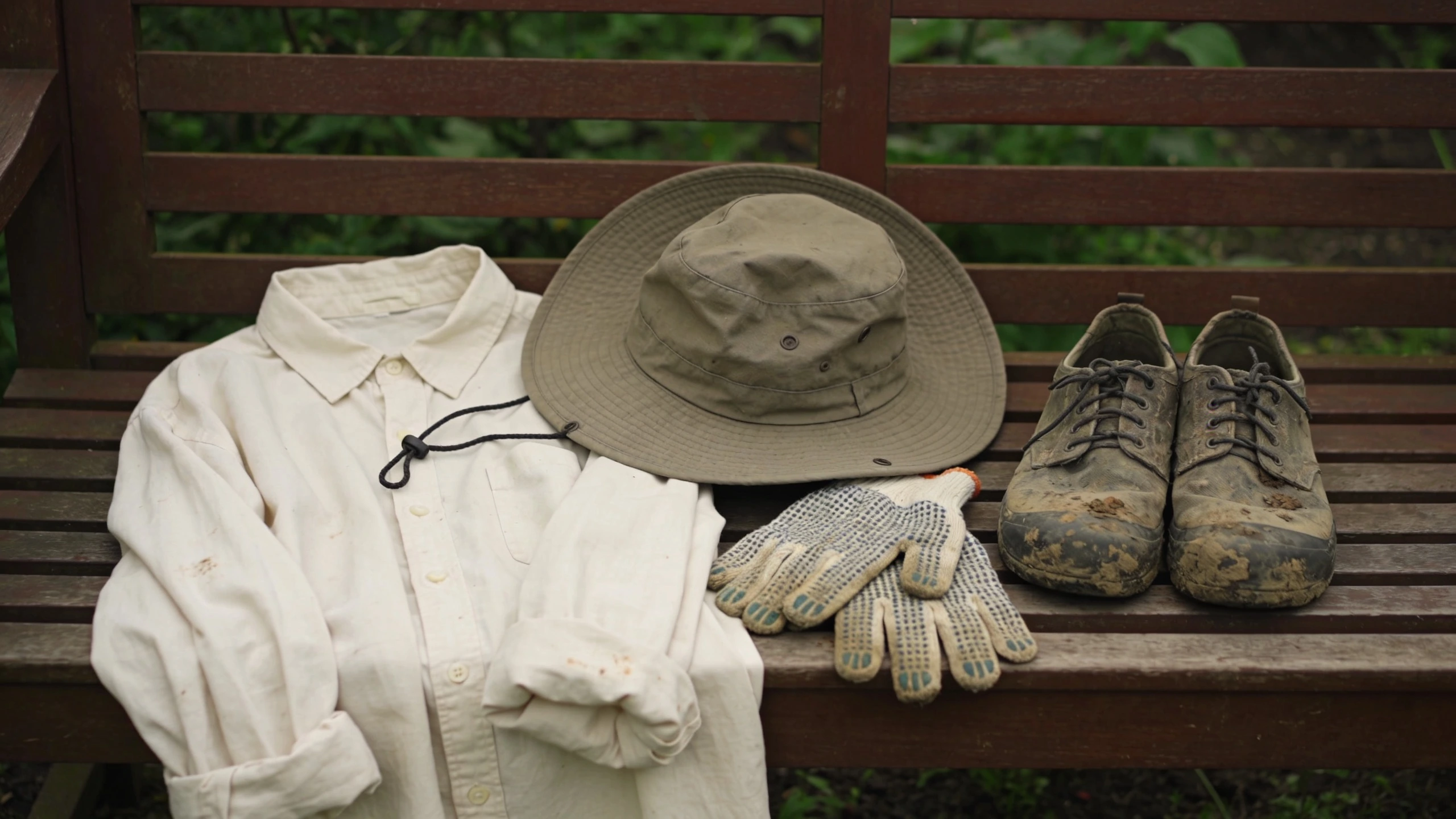 Long-sleeved shirt, wide-brim hat, knitted-back gloves and muddy garden shoes
