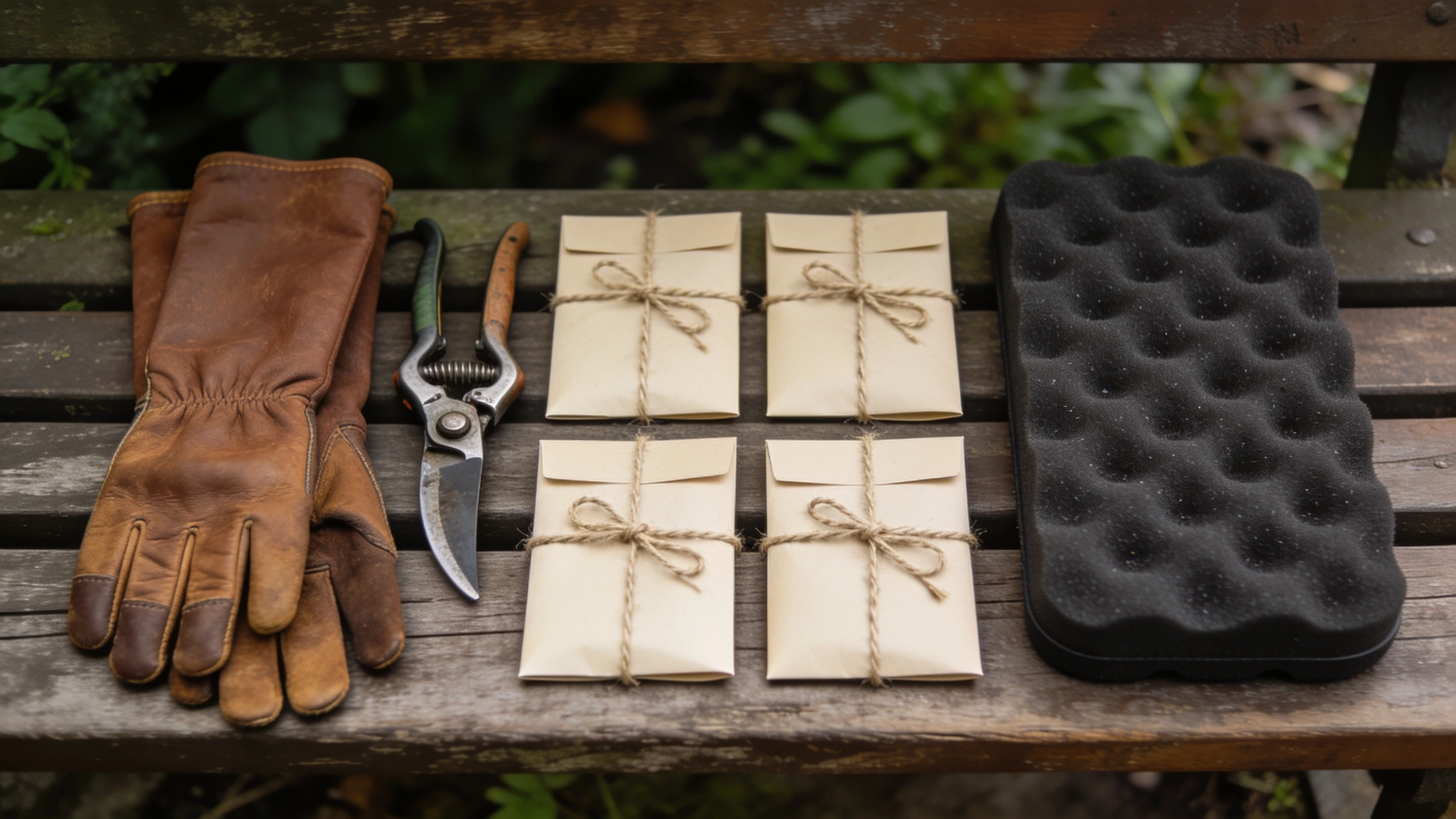 Secateurs, gauntlet gloves, kneeling pad and seed packets tied with twine