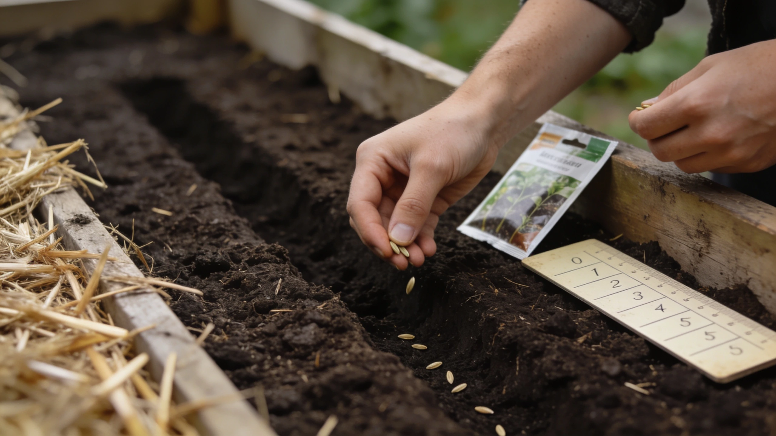 Hands sowing seed into a shallow drill in dark soil beside a seed packet