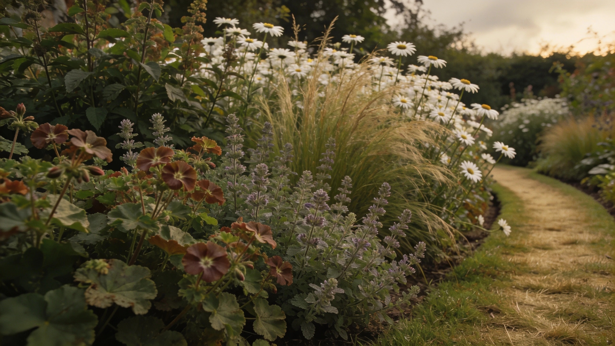 Deep cottage-style border of geranium, catmint and grasses with a mown path