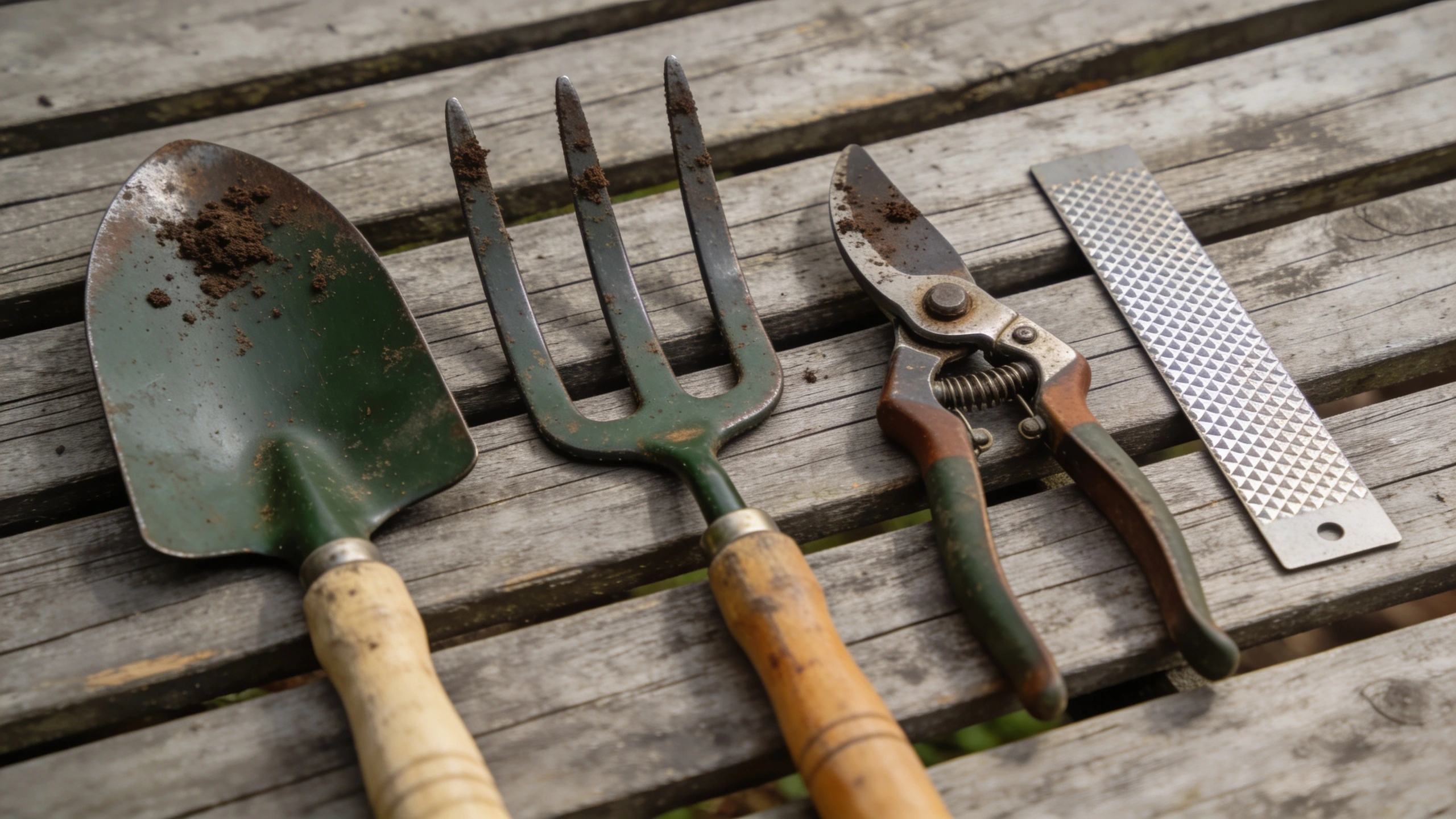 Used forged trowel, hand fork, secateurs and sharpening card on grey timber