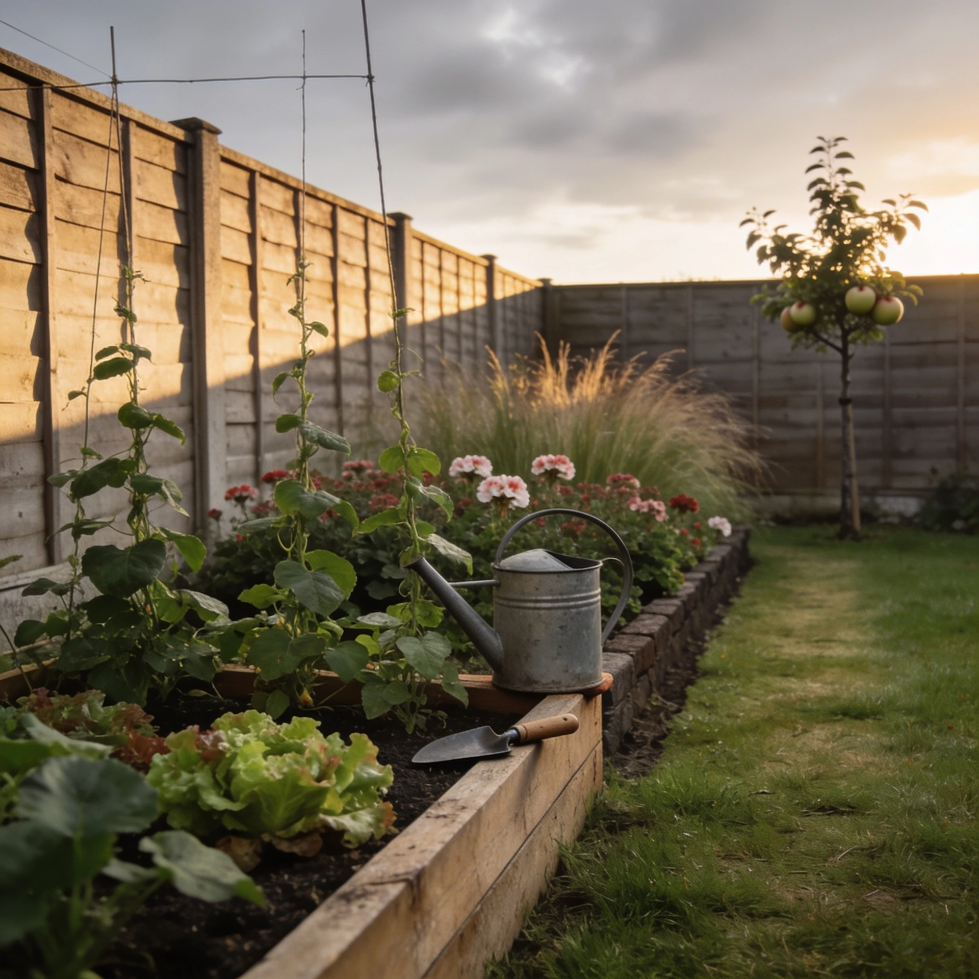An ordinary back garden with a raised bed and a planted border Raised bed of salad and climbing beans with a galvanised watering can on the edge, a planted border behind
