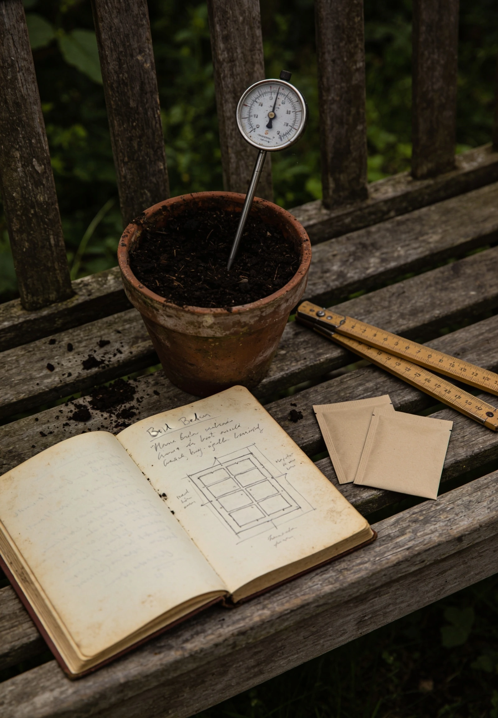 Notes from several seasons, which is where the numbers in our guides come from Open garden notebook on a timber bench with a dial soil thermometer, folding rule and seed packets