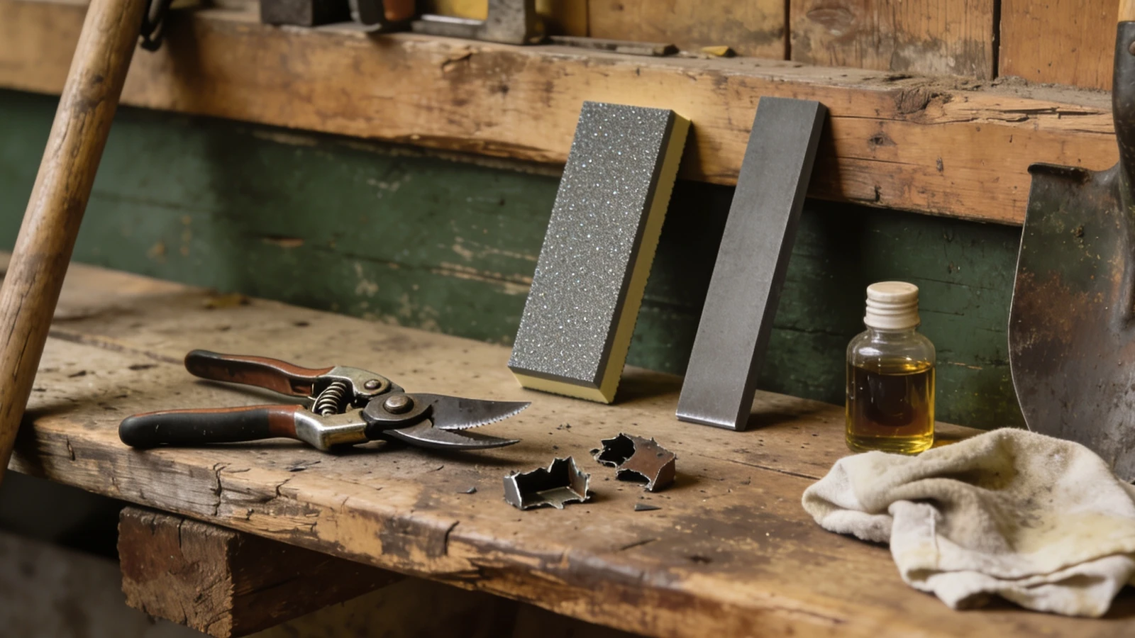 Workbench with dismantled secateurs, a diamond card, a file, oil and an oily rag