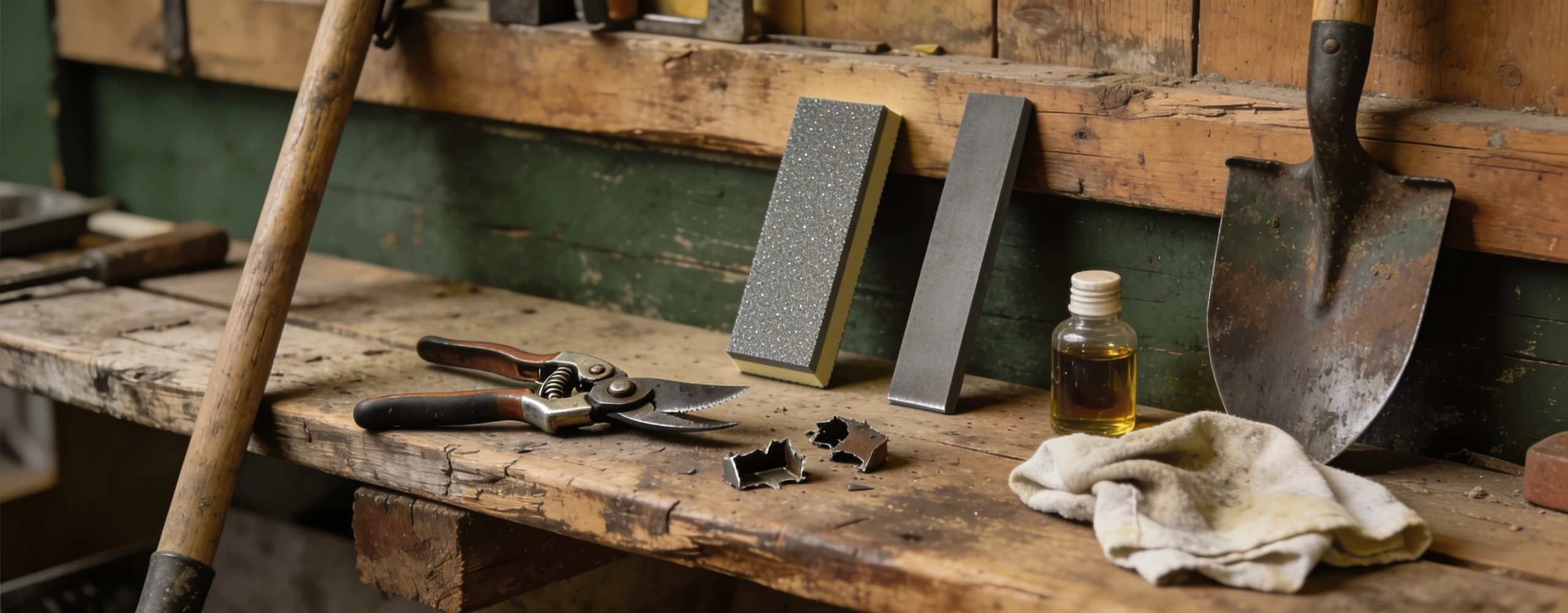 Workbench with dismantled secateurs, a diamond card, a file, oil and an oily rag