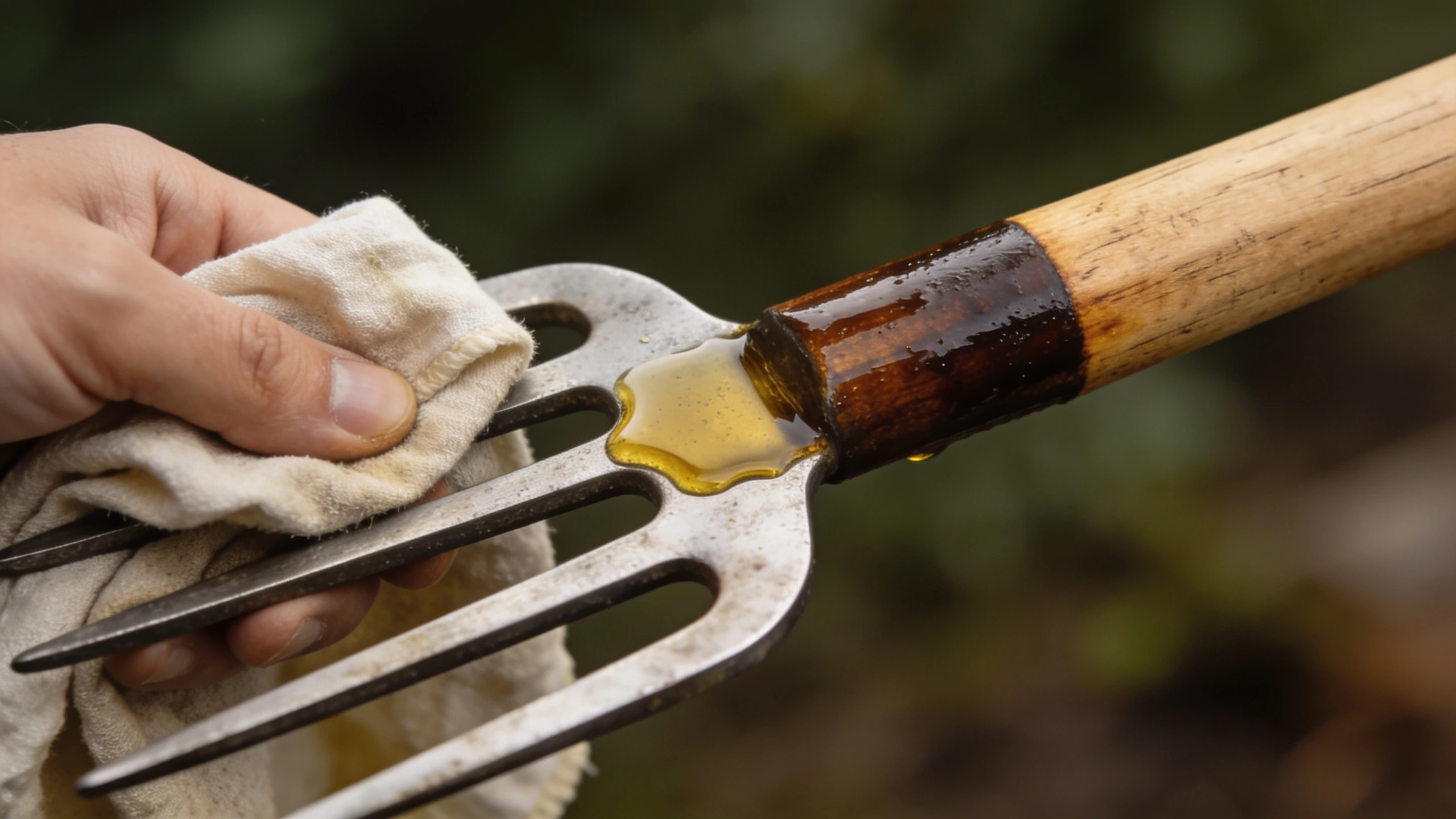 Oiling a garden tool and its wooden handle Oily rag wiping linseed oil along the metal head and wooden handle of a hand fork
