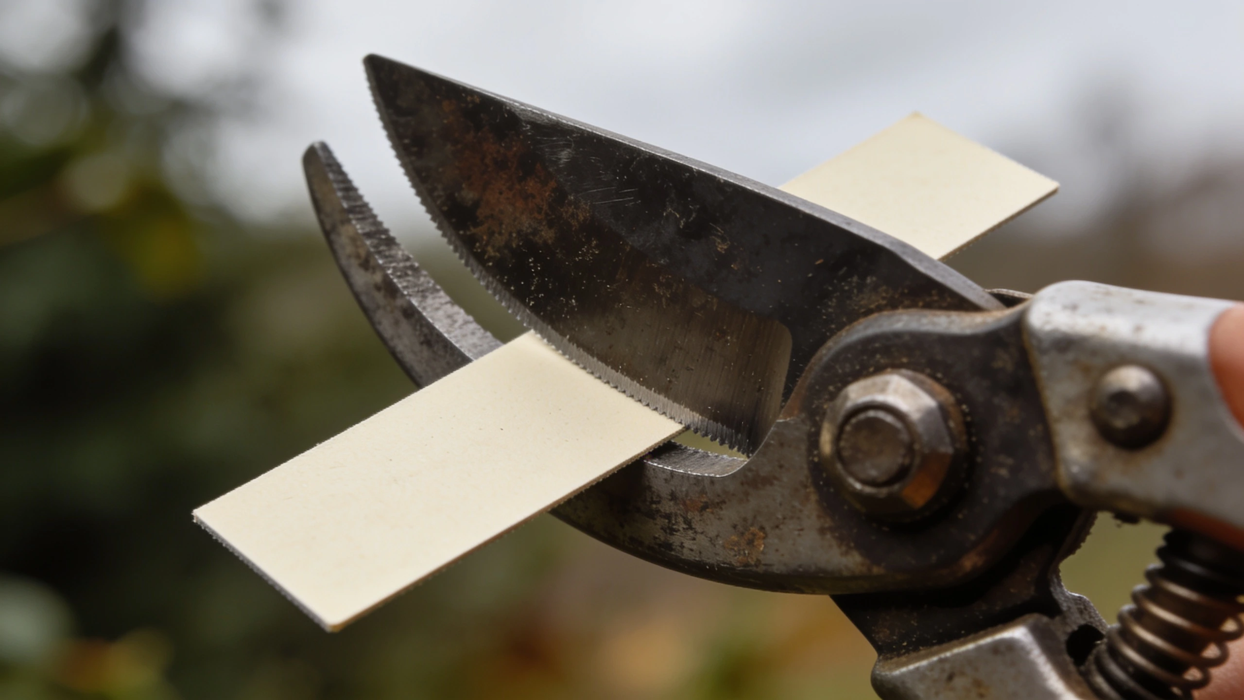 Removing the burr from the flat face Sharpening card laid dead flat against the inner face of a secateur blade