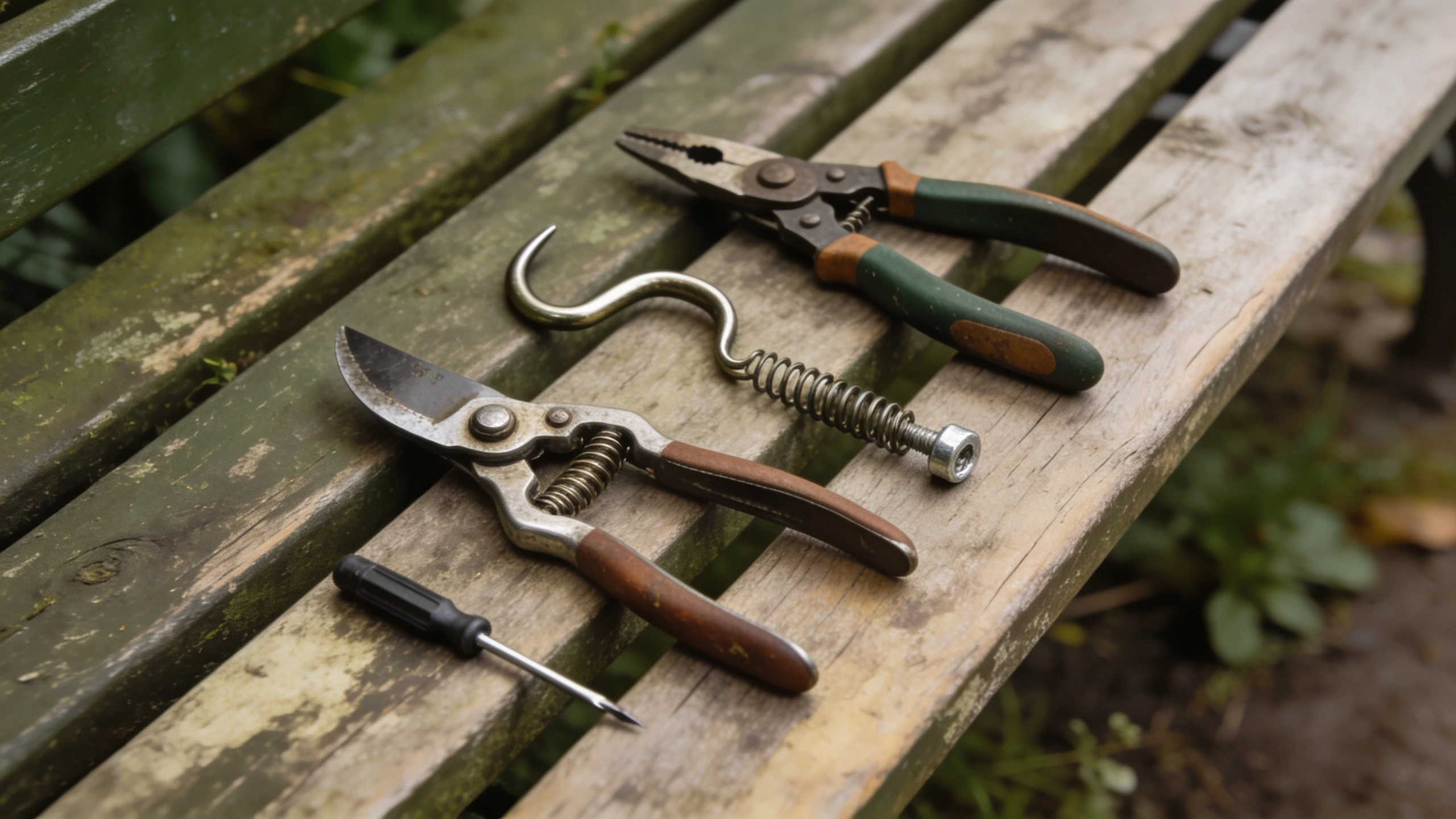 Secateurs dismantled for cleaning Bypass secateurs taken apart into blade, hook, spring, bolt and handles on a bench
