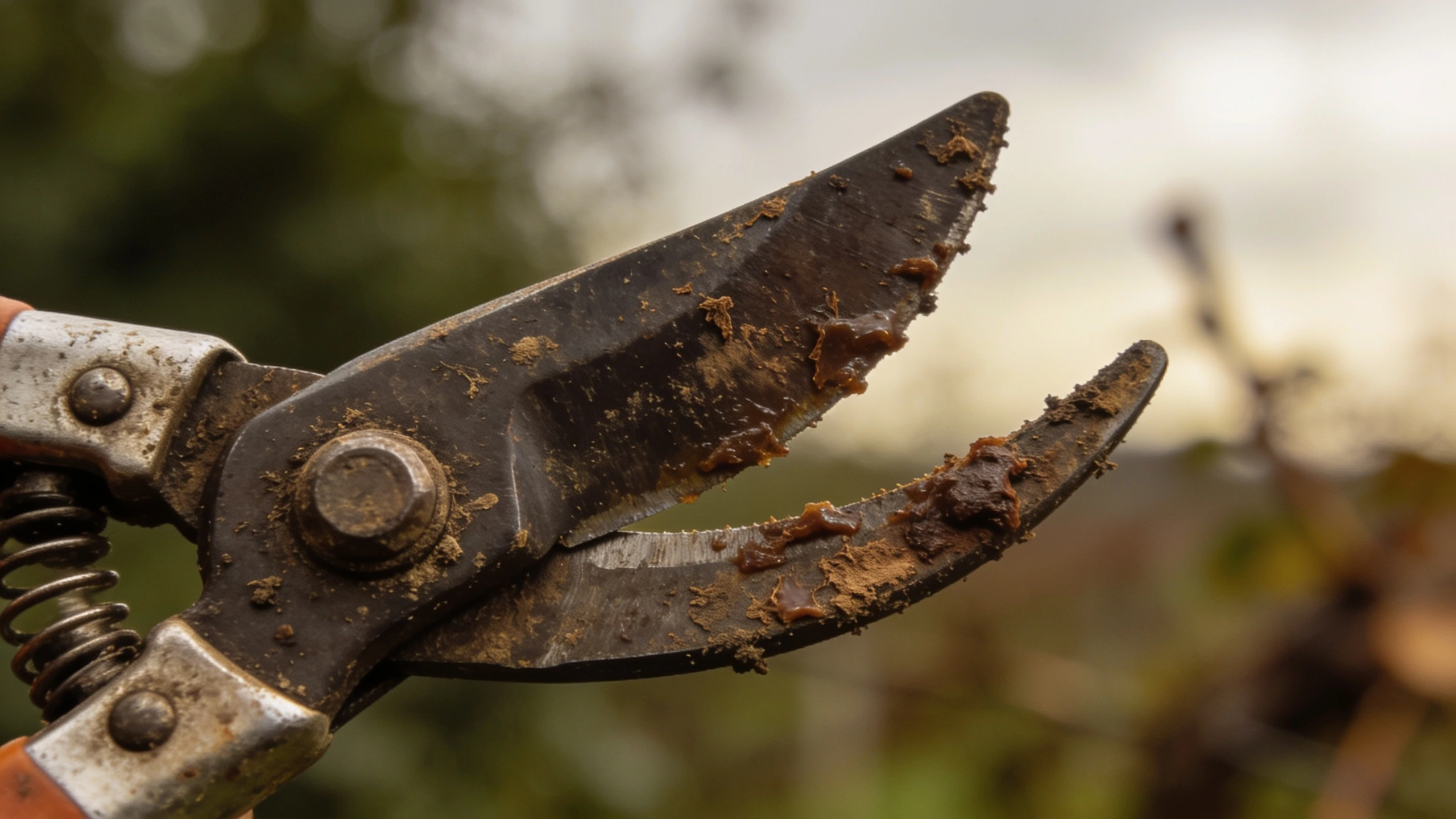 Secateurs with dried sap on the blades Open secateur blades coated in dried brown sap and soil looking dull and sticky
