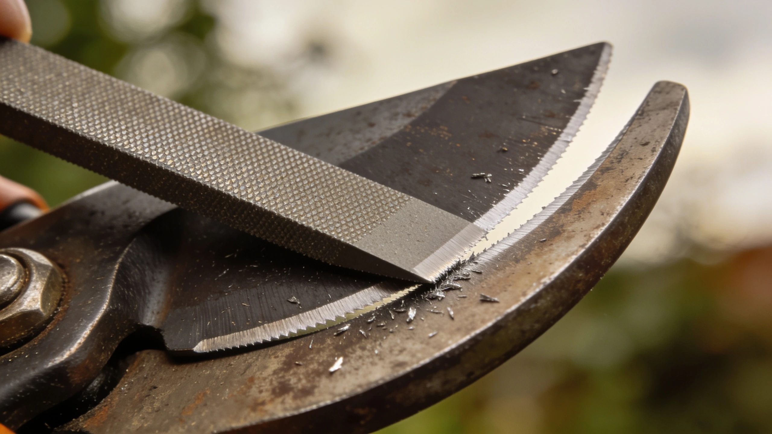 Sharpening the bevel on a secateur blade Diamond card drawn along the outer bevel of a curved secateur blade with filings showing