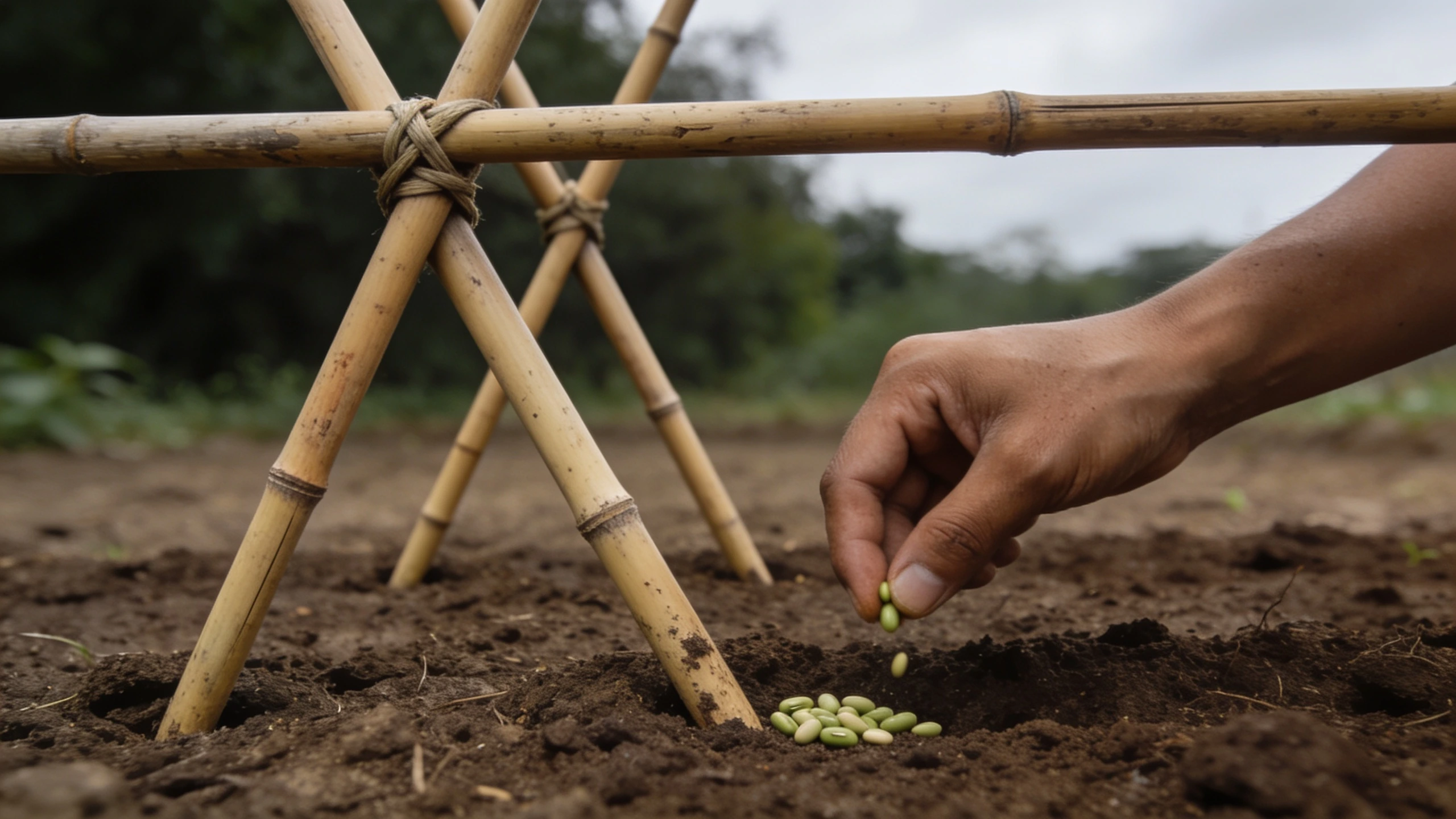 The frame up first, seed going in at the base of each cane Double row of crossed canes tied to a horizontal cane with a hand sowing beans at the base