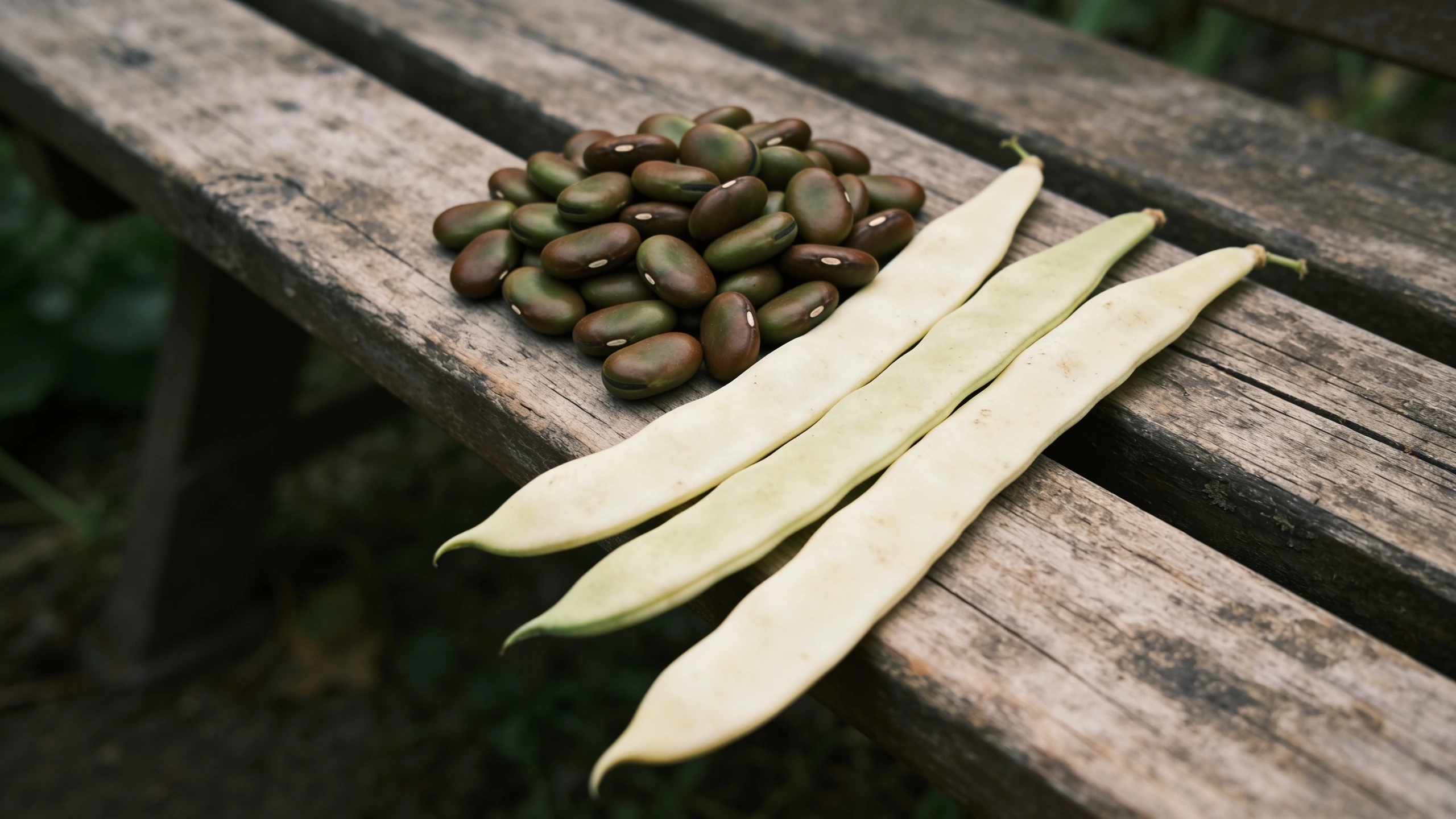 Round French pods beside long flat runner pods Handful of round slim French bean pods beside longer flatter runner bean pods on a bench