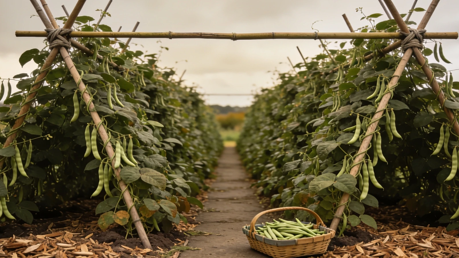 Double row of climbing French beans on crossed canes with pods at picking size and a full trug