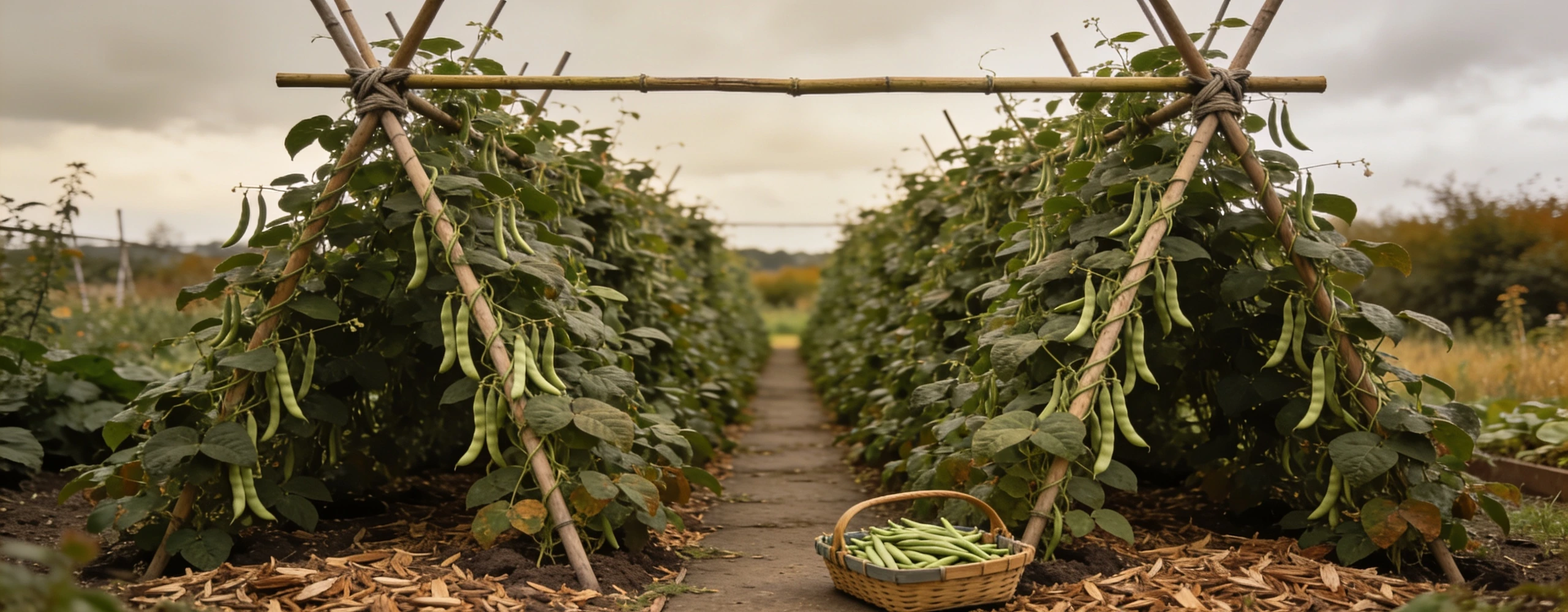 Frame first, then the beans, then keep picking Double row of climbing French beans on crossed canes with pods at picking size and a full trug