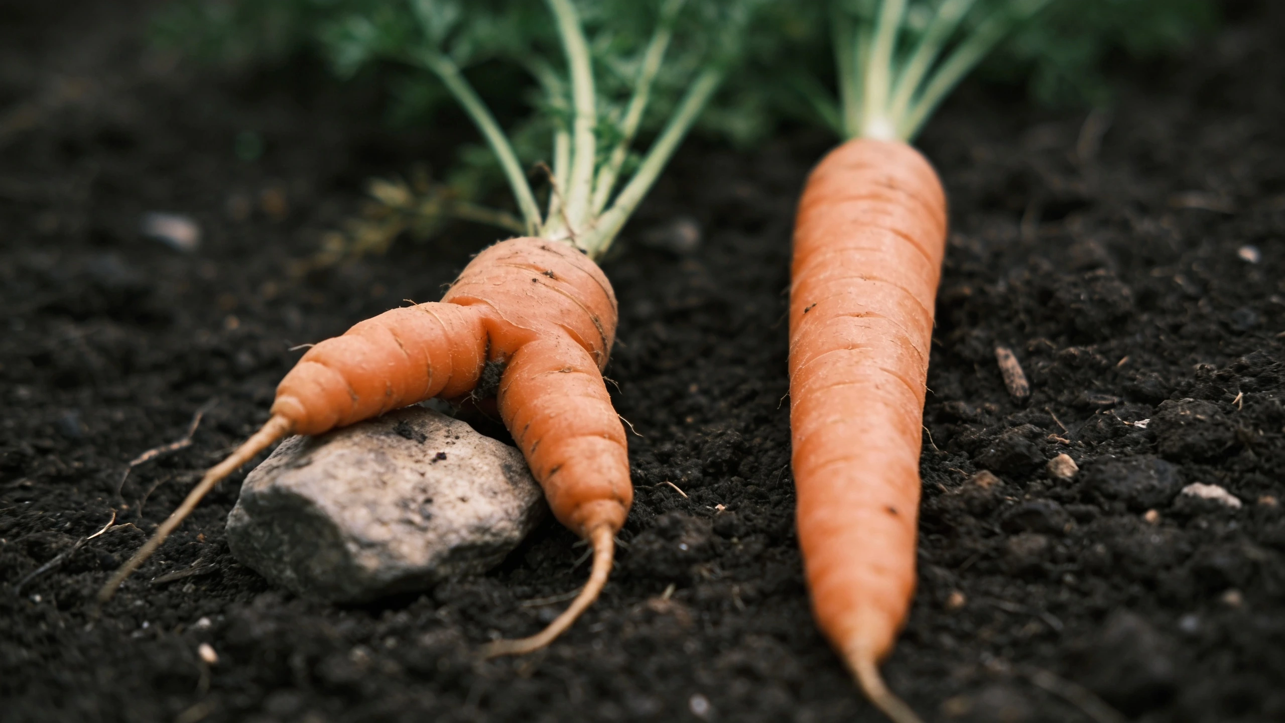 A forked root beside a clean one from the same sowing Two carrots on soil, one forked and stumpy around a stone and one long and straight