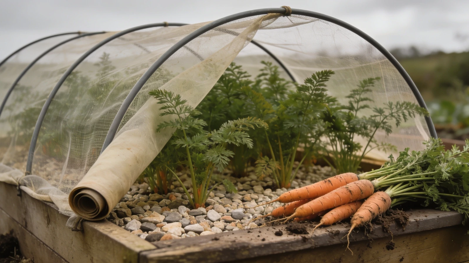 Carrot bed under fine mesh on hoops with a bunch of long straight carrots on the bed edge