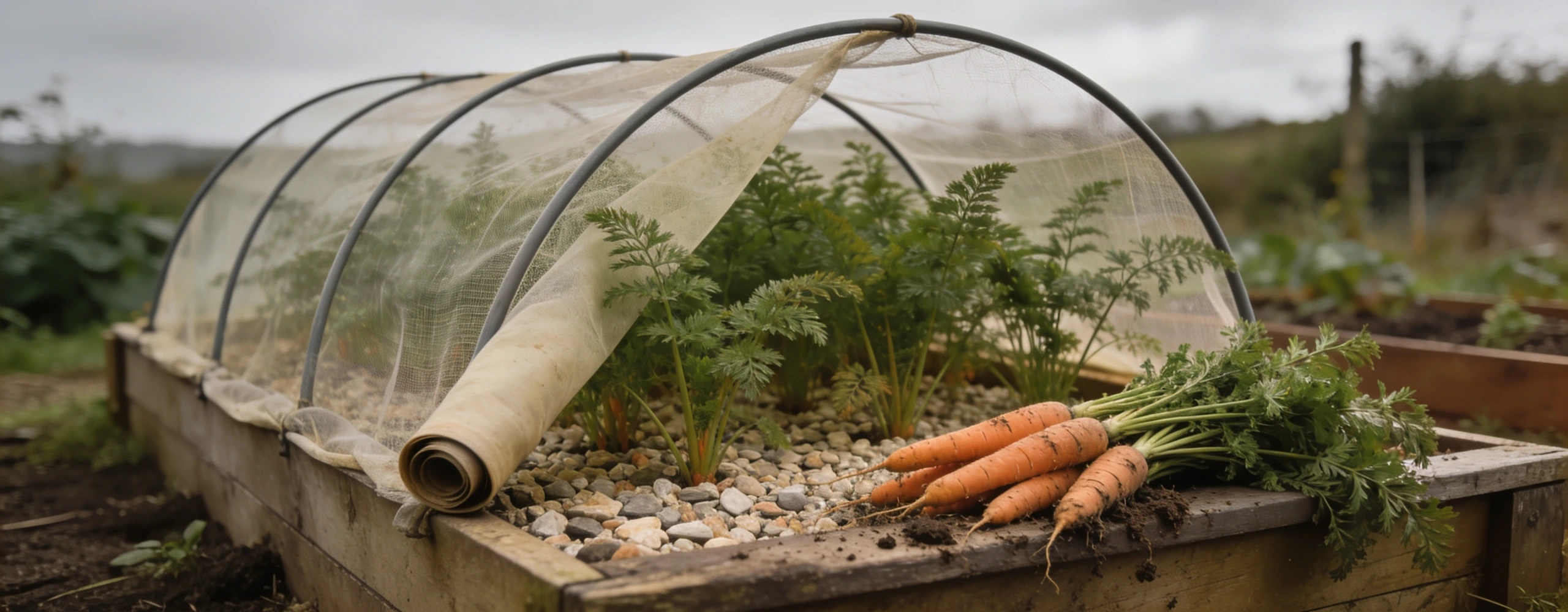 Mesh over the bed, and roots from stone free soil Carrot bed under fine mesh on hoops with a bunch of long straight carrots on the bed edge