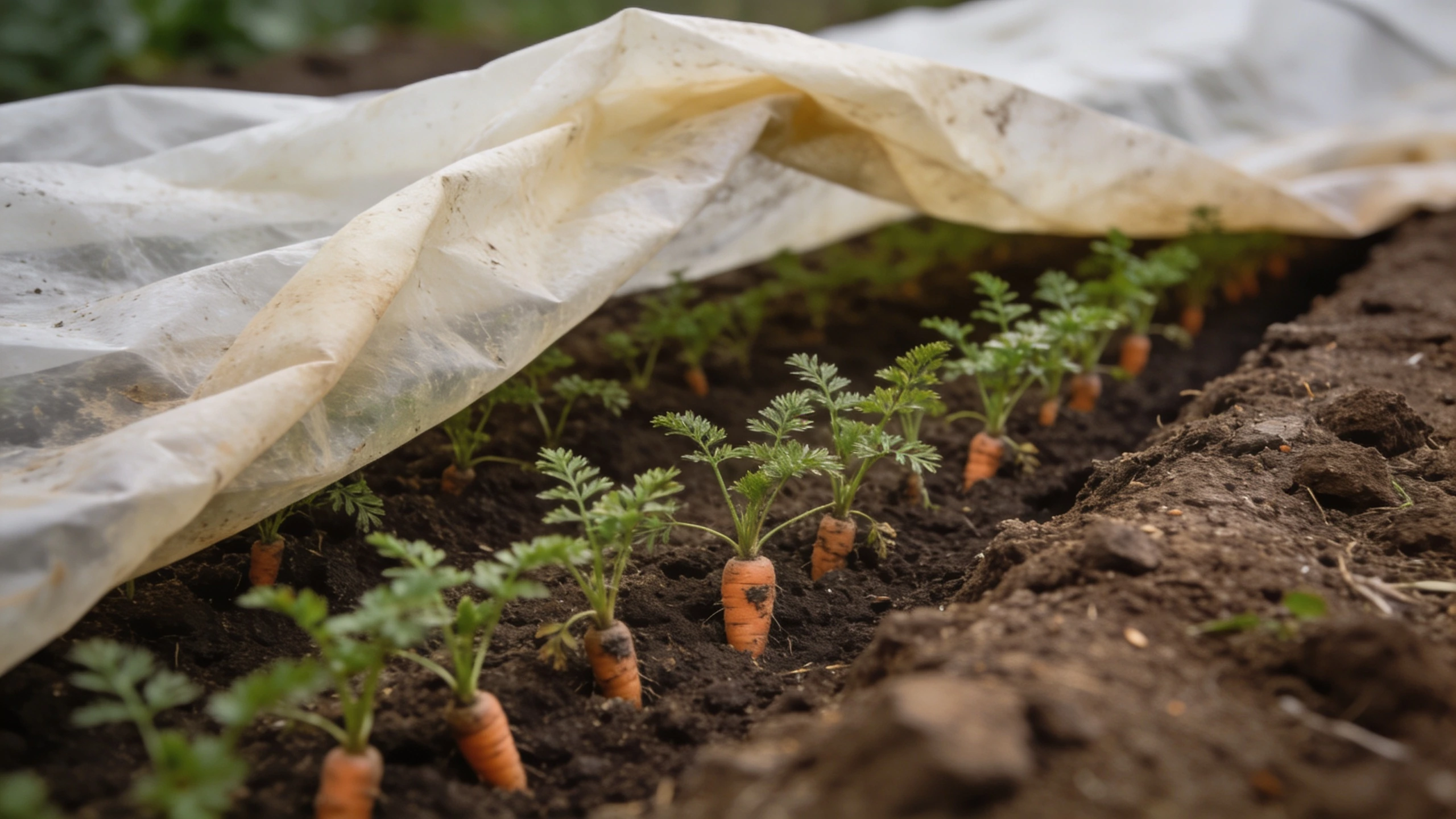 A shallow drill sown thinly and covered to hold moisture Shallow seed drill in fine soil sown thinly with fleece pulled back to show emerging seedlings
