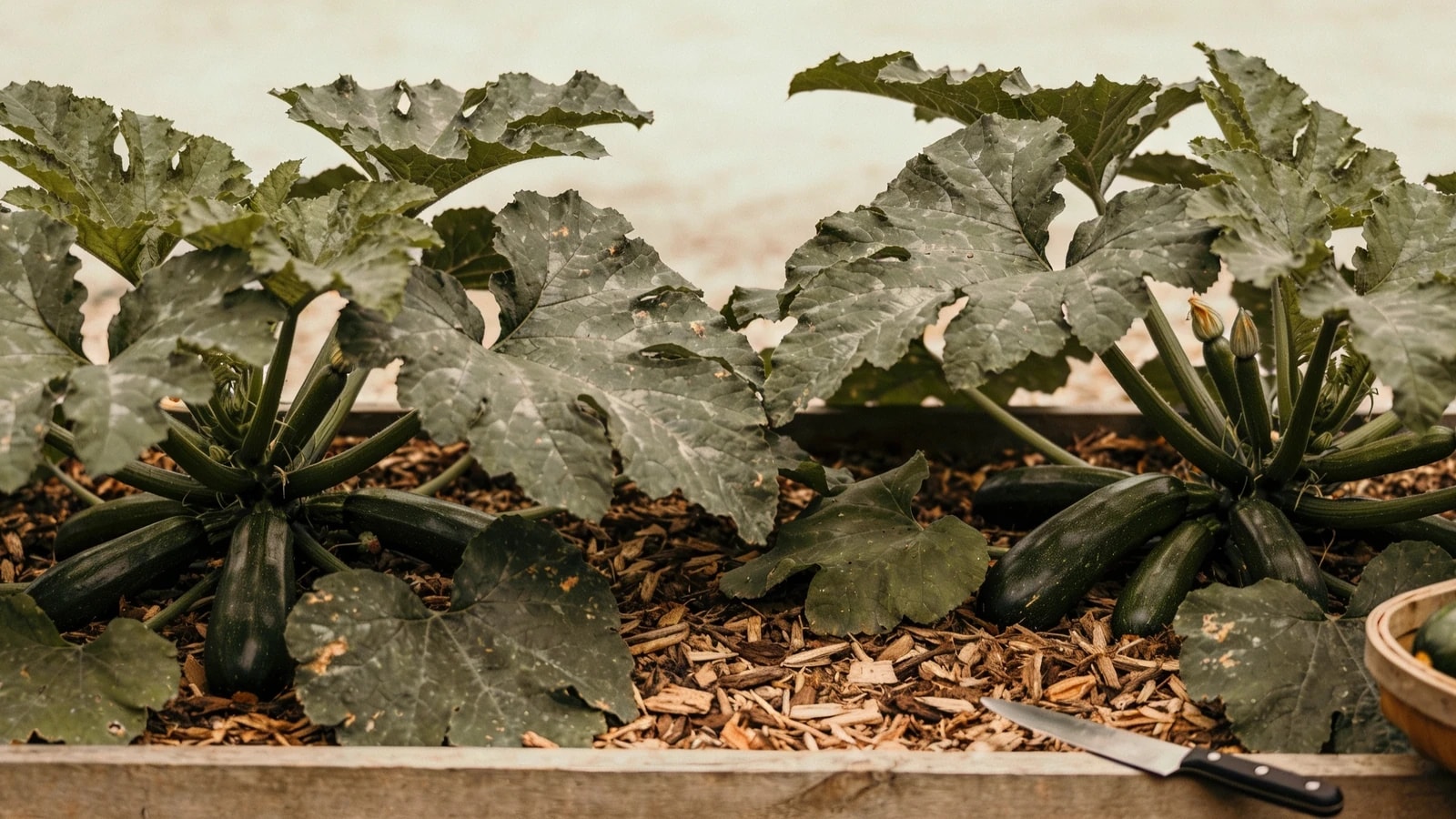 Two courgette plants in a raised bed with small fruits under the leaves and a trug of picked ones