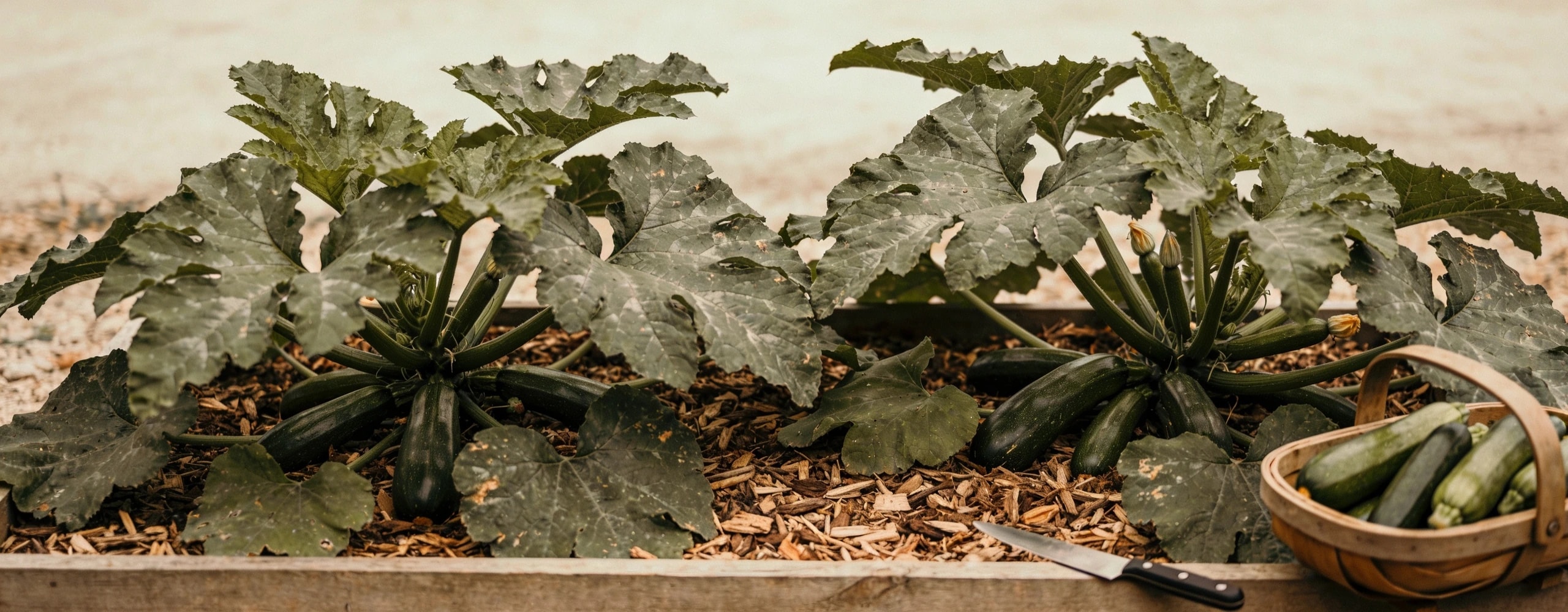 Two plants, and picked at the right size Two courgette plants in a raised bed with small fruits under the leaves and a trug of picked ones
