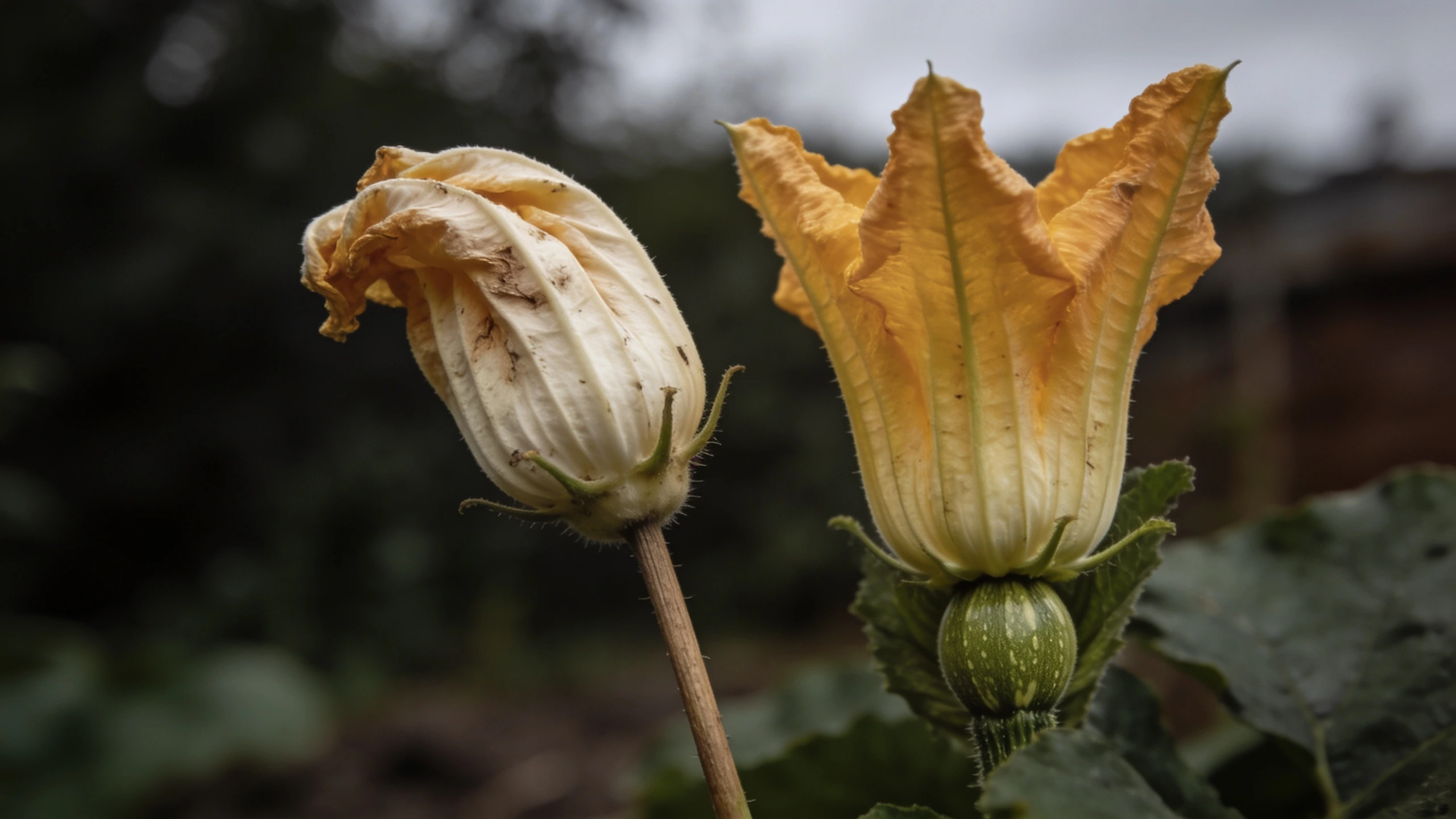 Male on a plain stem, female with a tiny fruit behind it Two courgette flowers, one on a plain stem and one with a small fruit behind