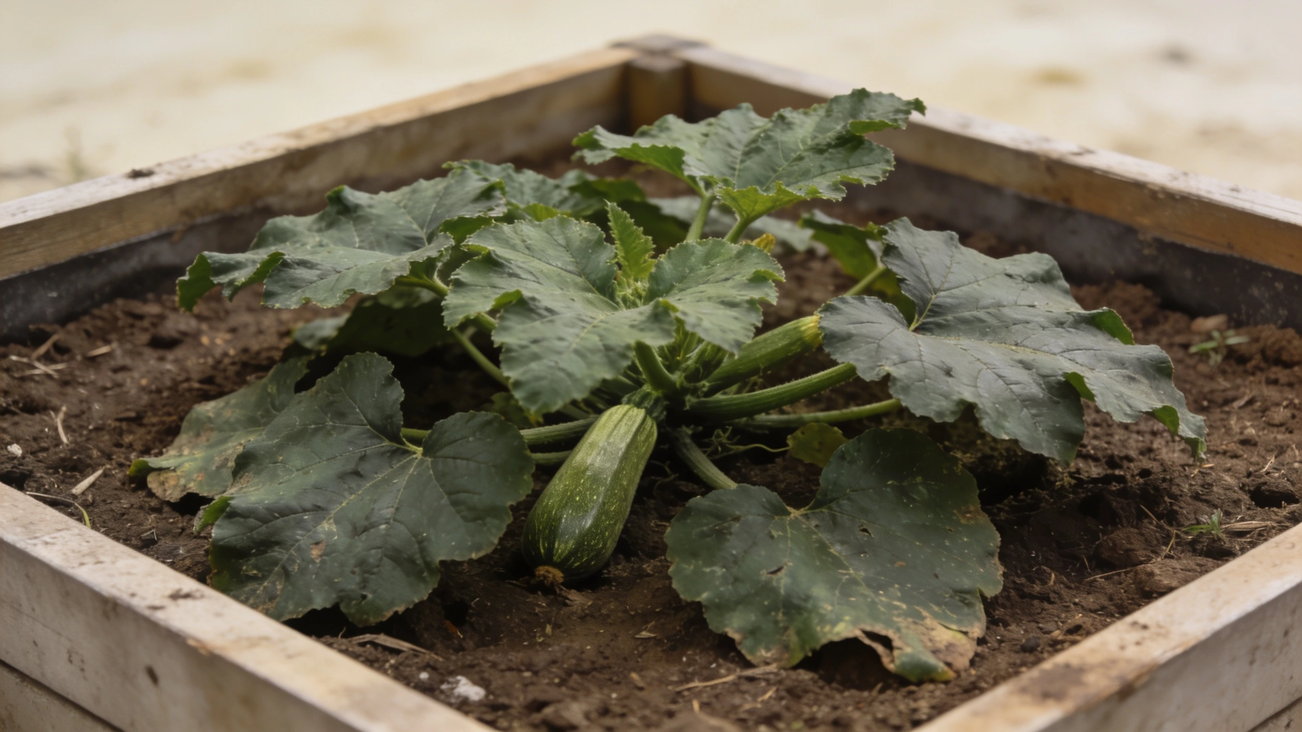 One plant, a square metre, and that is not generous Single courgette plant with large leaves filling roughly a square metre of a raised bed