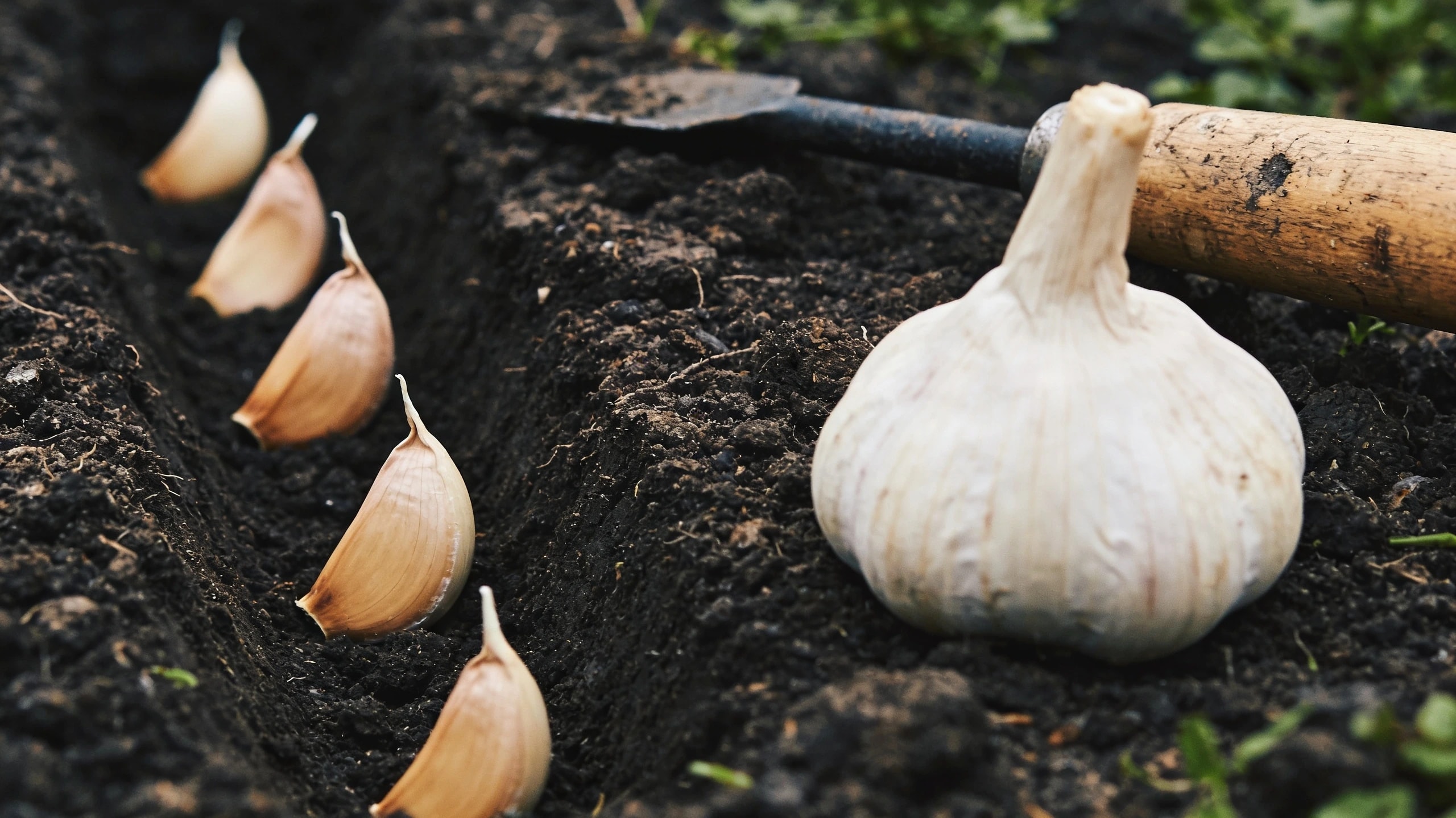 Cloves split at planting, pointed end up, in a drill Individual garlic cloves set pointed end up in a shallow drill in dark soil with a bulb alongside