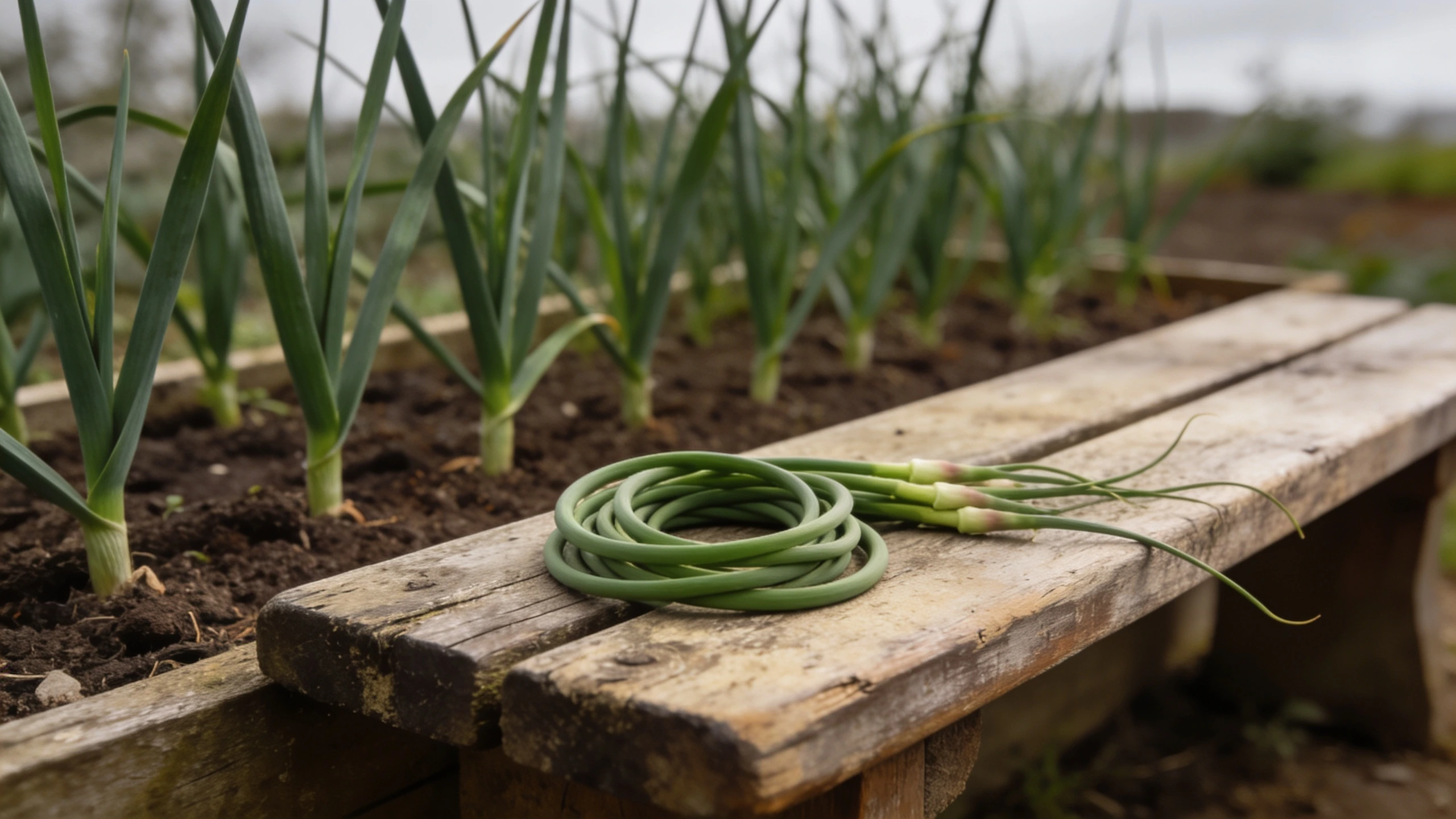 Scapes cut as soon as they curl Curling green garlic scapes cut and laid on a bench beside growing garlic plants in a bed
