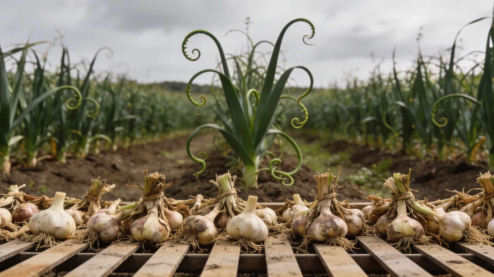 Garlic bed with upright foliage and curling scapes, and lifted bulbs drying on a rack