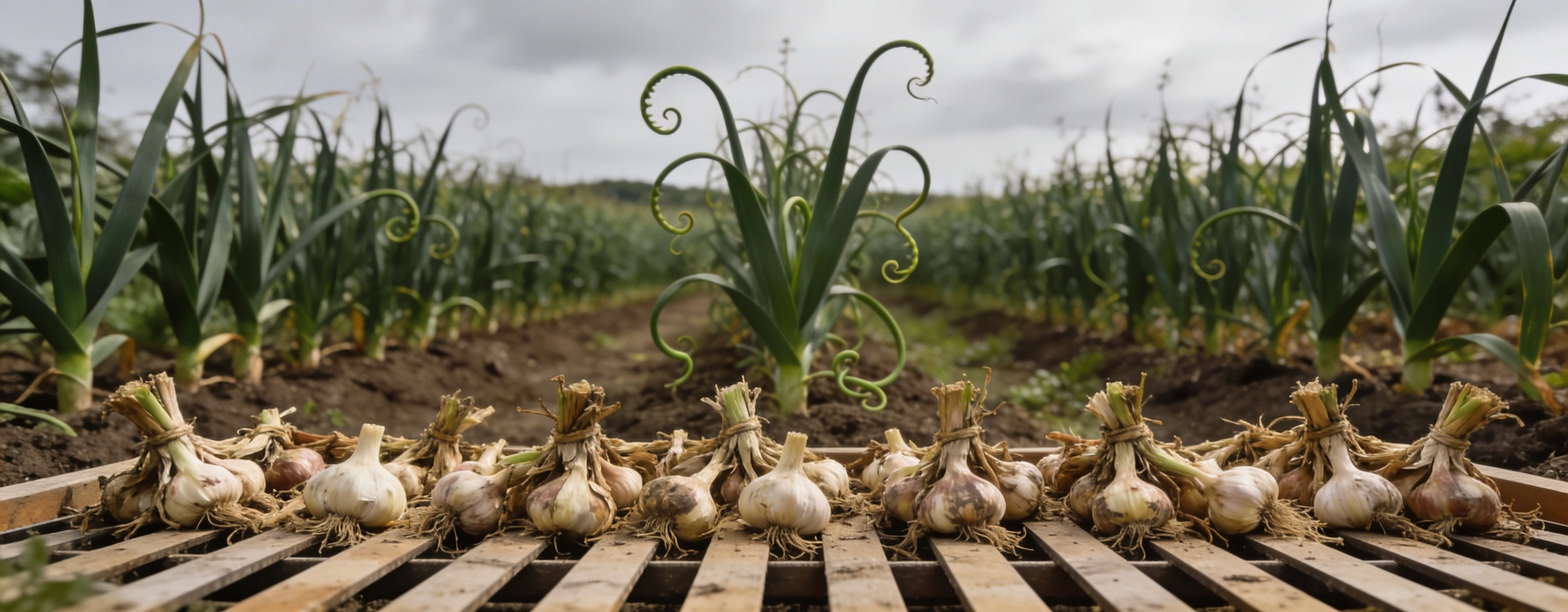 Scapes curling in June, and last year drying behind Garlic bed with upright foliage and curling scapes, and lifted bulbs drying on a rack