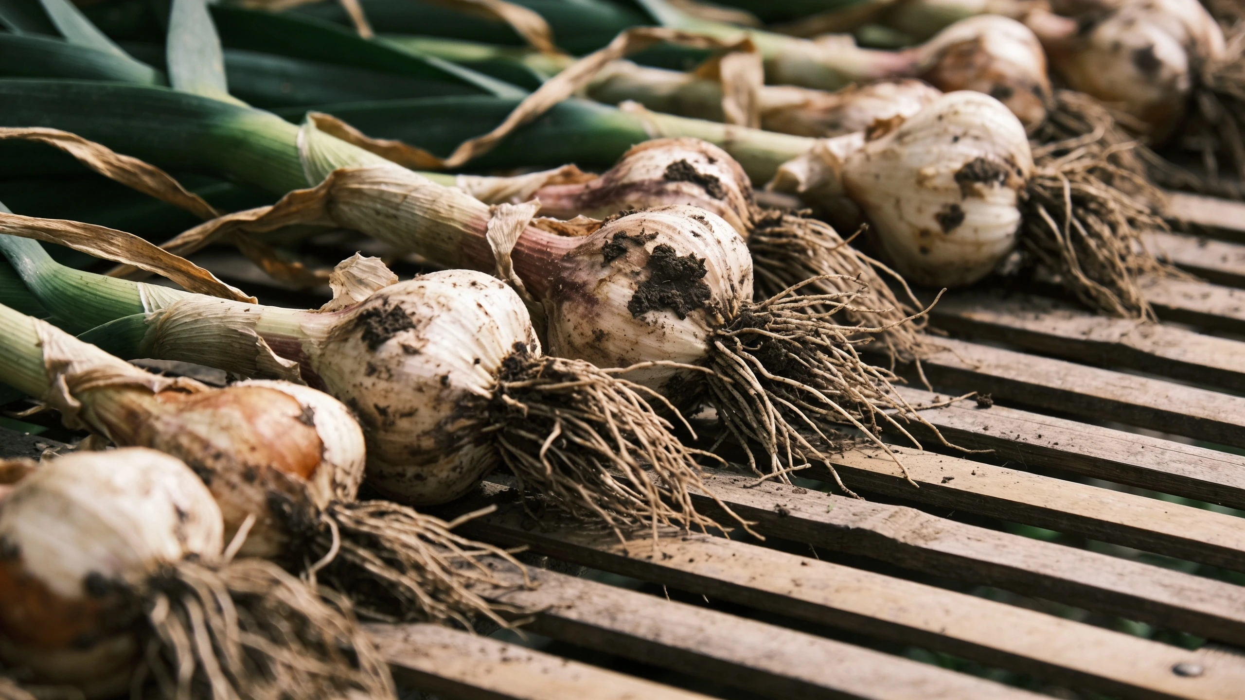 Lifted with a third of the leaves yellow, drying in airy shade Freshly lifted garlic bulbs with tops attached laid out on a slatted rack in airy shade to dry