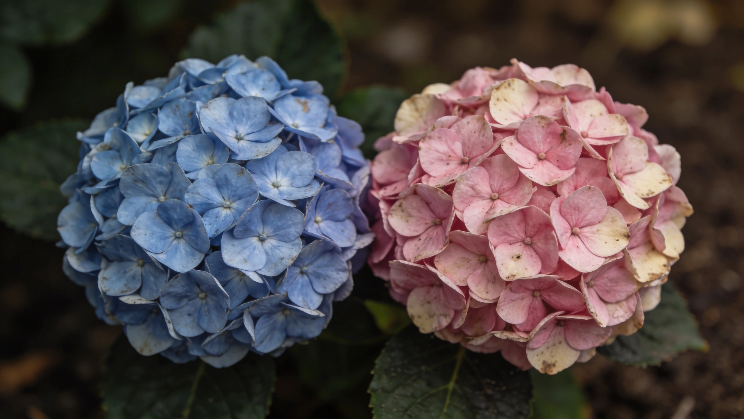 The same variety on acid and alkaline soil Two mophead hydrangeas of one variety, one flowering blue and one flowering pink, side by side