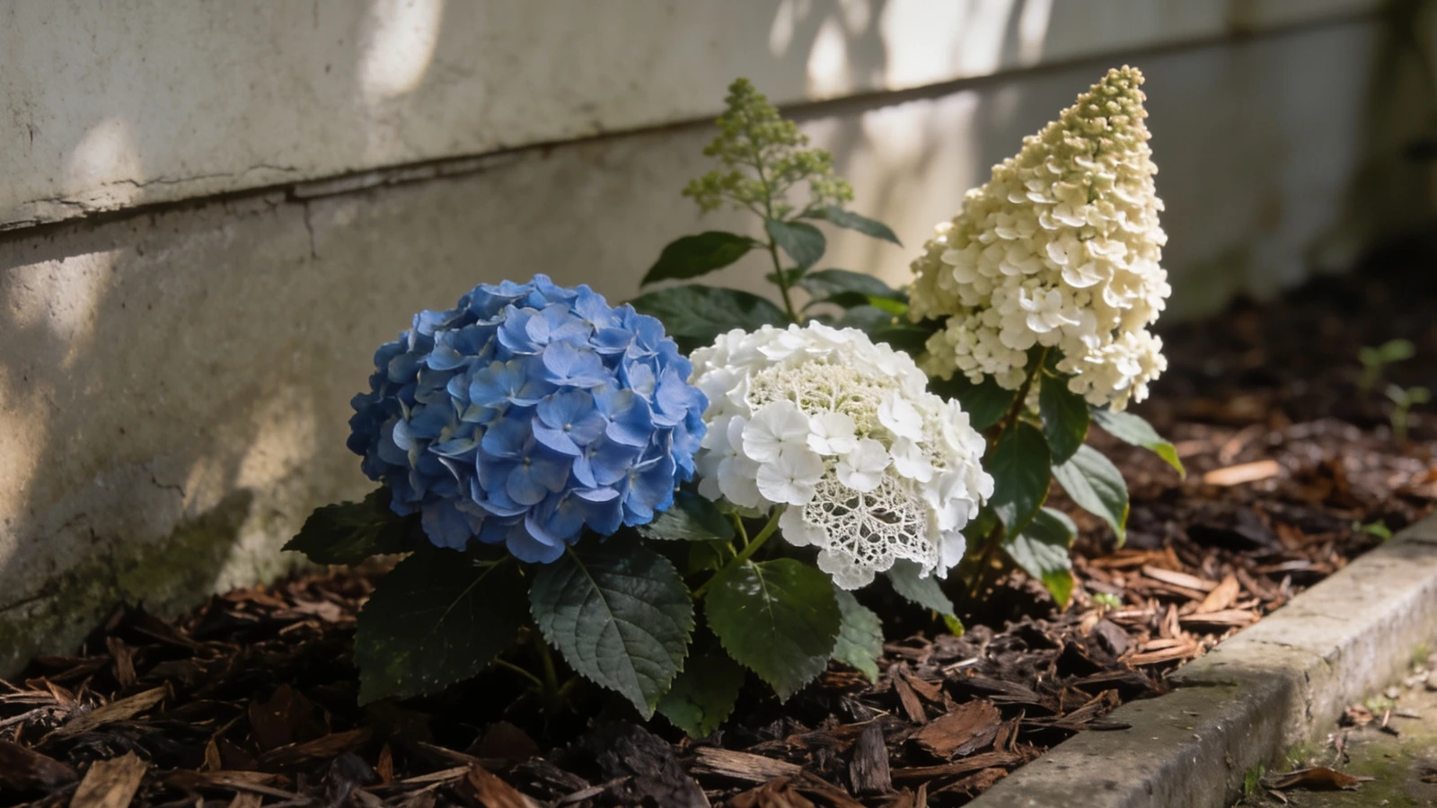 Blue mophead, white lacecap and cone shaped paniculata hydrangeas flowering in dappled shade