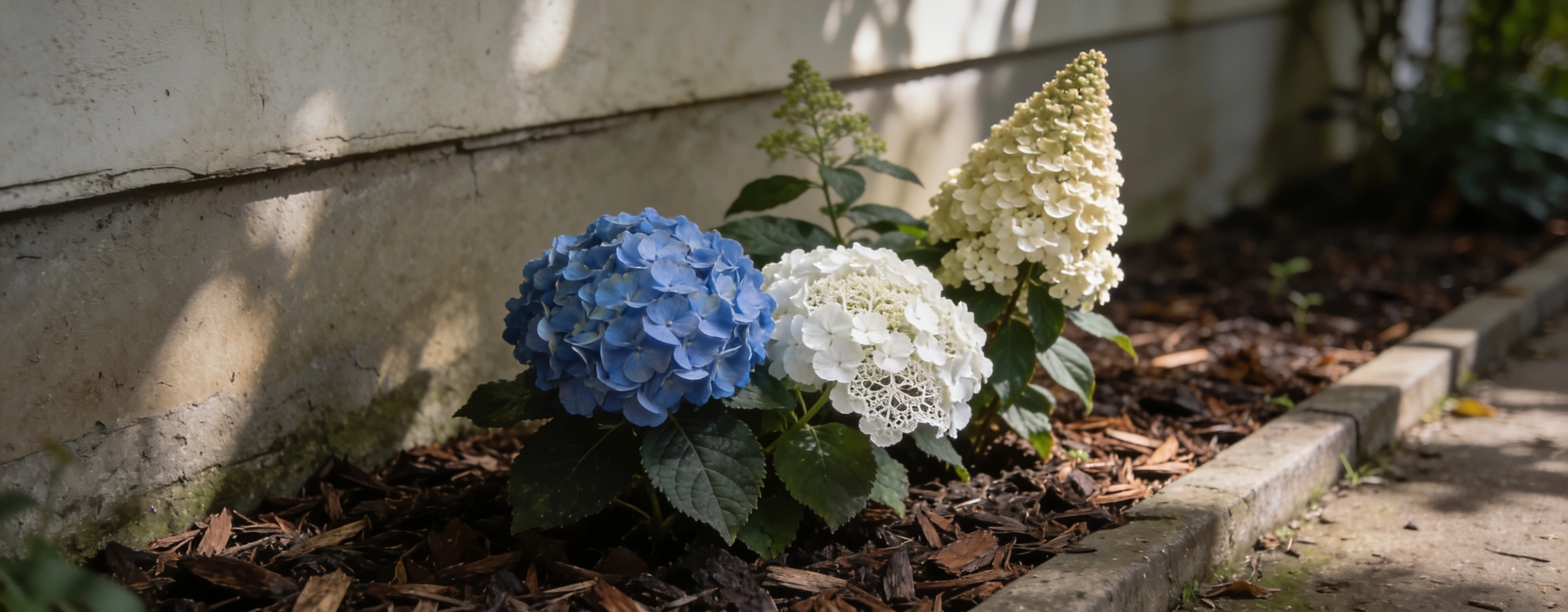 Three types in one border, and three sets of pruning rules Blue mophead, white lacecap and cone shaped paniculata hydrangeas flowering in dappled shade