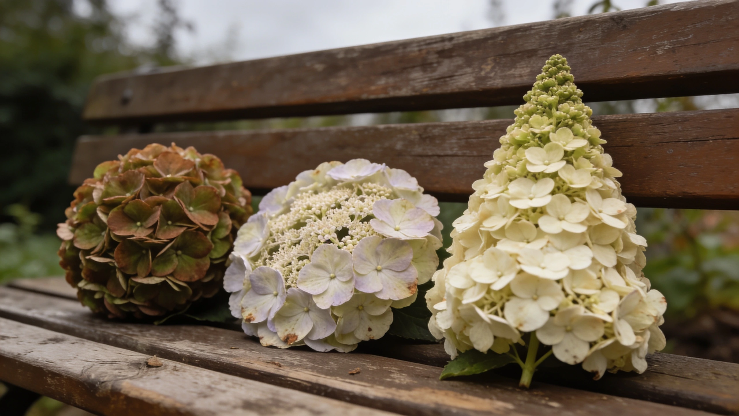 Three types, three sets of pruning rules Round mophead, flat lacecap and cone shaped paniculata hydrangea flower heads side by side