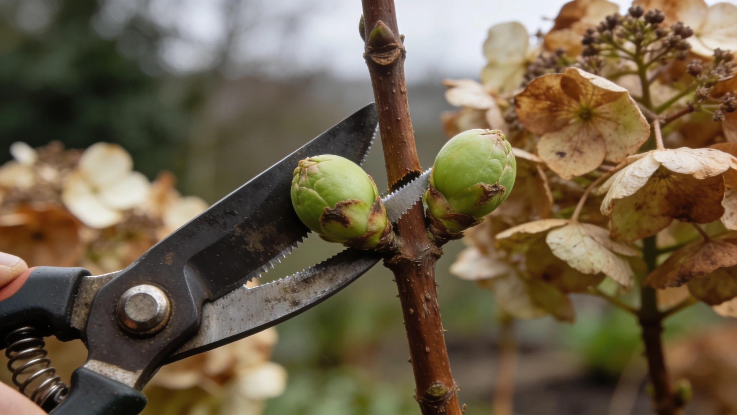 On a mophead, cut just above the first fat pair of buds Secateurs cutting an old hydrangea flower stem just above a visible fat pair of buds in spring