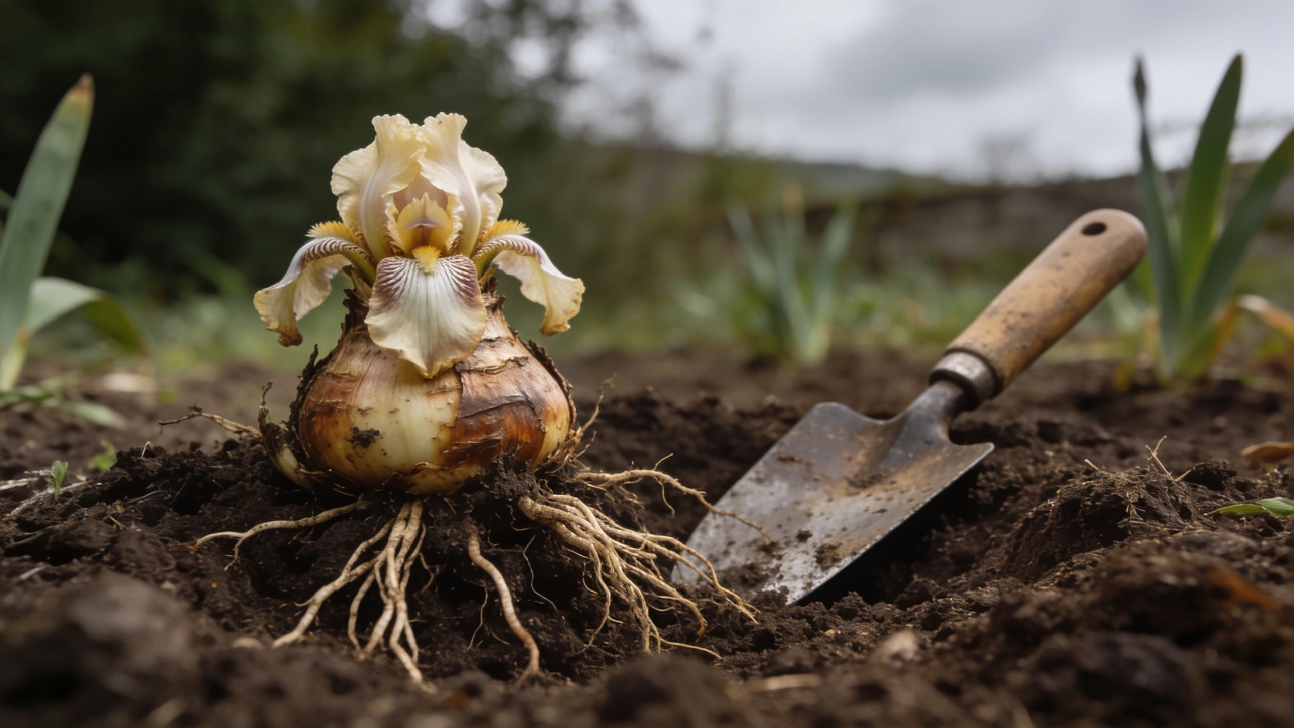 A bearded iris rhizome sitting proud of the soil Bearded iris rhizome resting on the soil surface with roots buried and the top clearly exposed