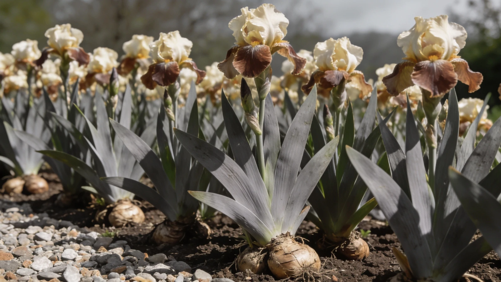 Border of bearded irises in flower with rhizomes visible on free draining gravelly soil