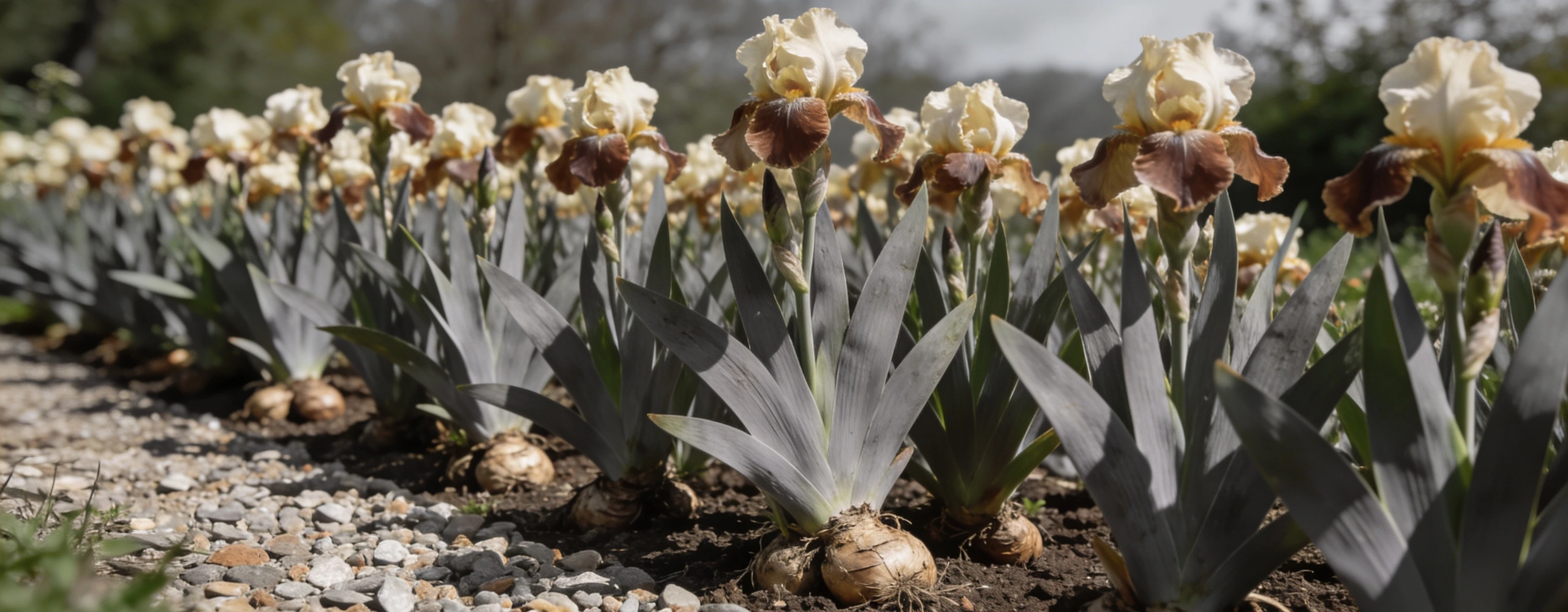 Bearded irises with their rhizomes sitting on the surface Border of bearded irises in flower with rhizomes visible on free draining gravelly soil