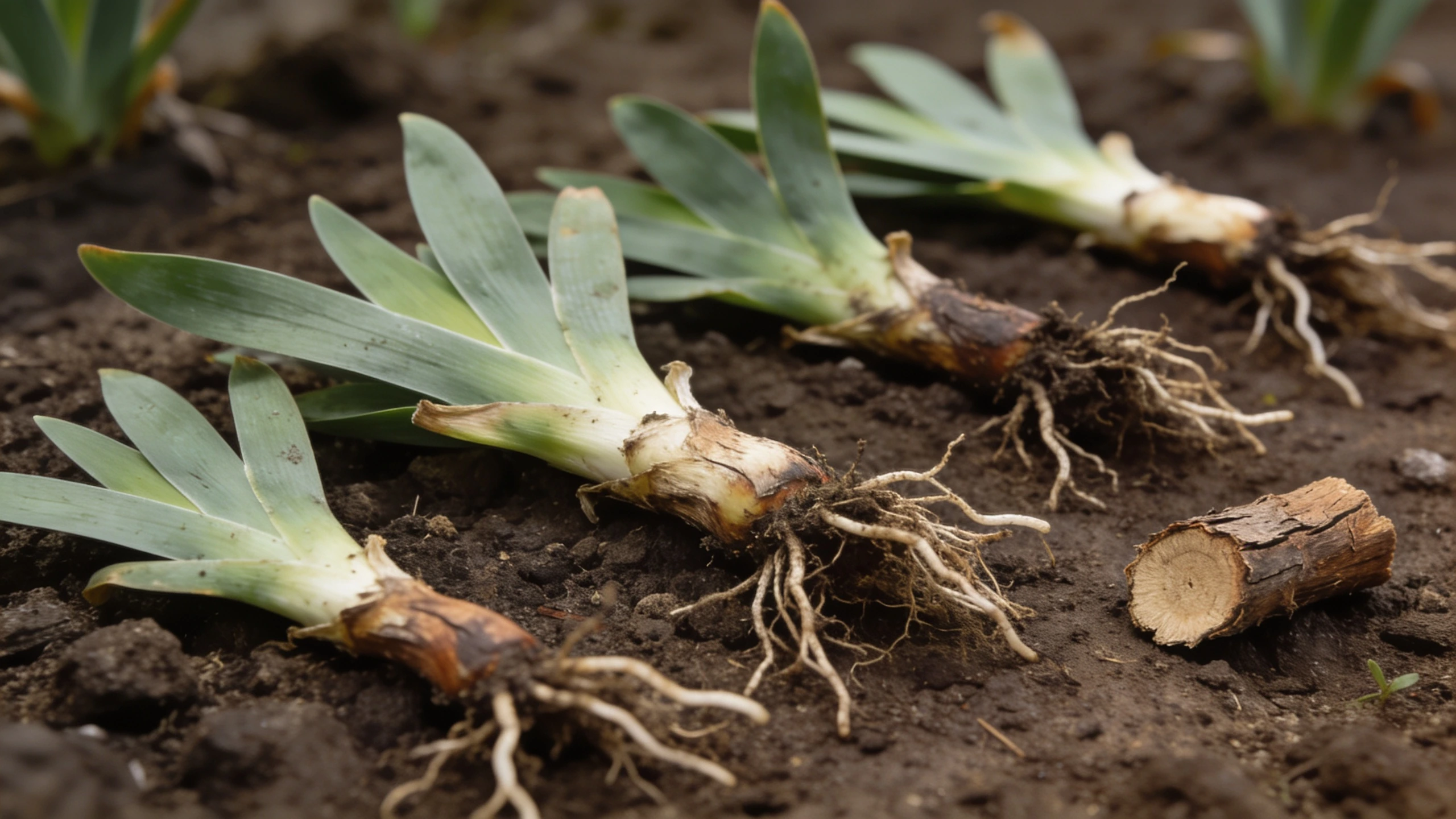 Divisions with leaves cut back to a fan Several iris divisions on soil each with a fan of trimmed leaves and roots, old centre discarded