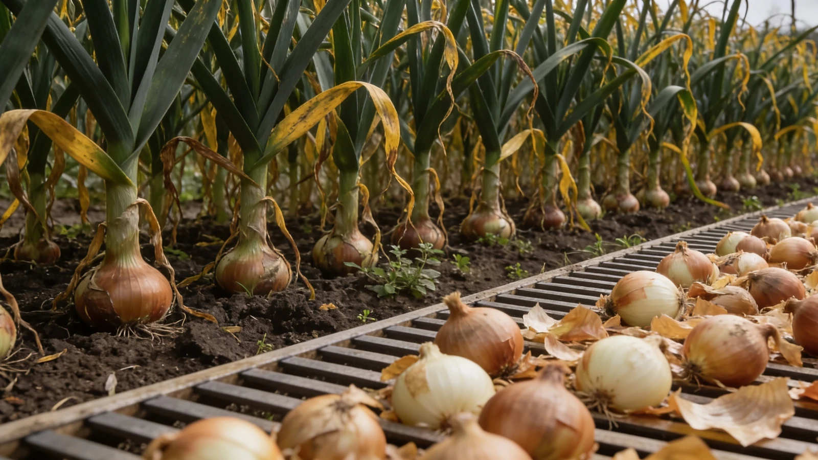 Onion bed with foliage yellowing and flopping beside lifted onions drying on a slatted rack