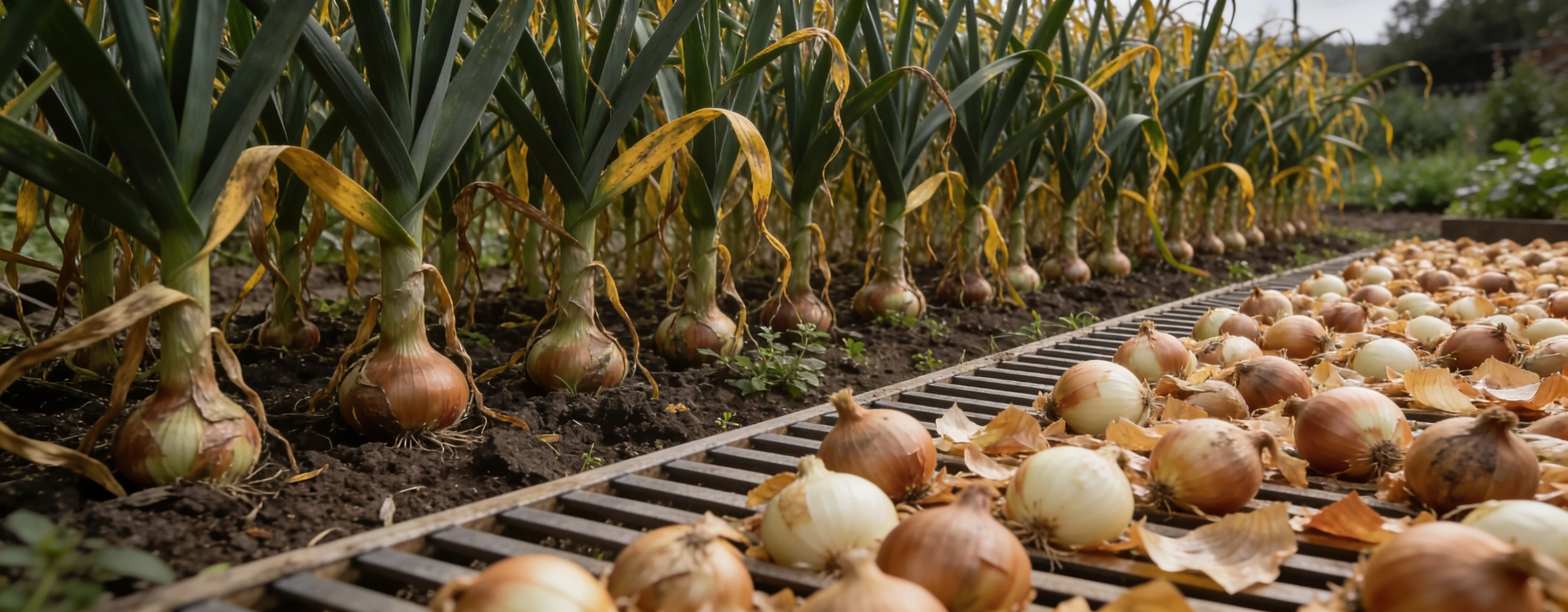 Tops flopping by themselves, and last week drying Onion bed with foliage yellowing and flopping beside lifted onions drying on a slatted rack
