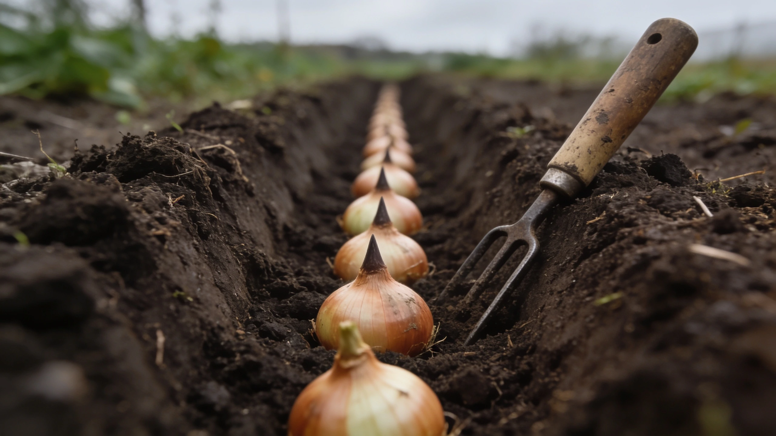 Sets planted with the tip barely at the surface Row of onion sets set in a shallow drill with the pointed tips just visible above the soil