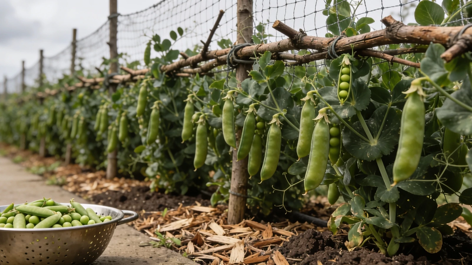 Row of peas gripping twiggy prunings and netting with well filled pods and a colander of picked pods