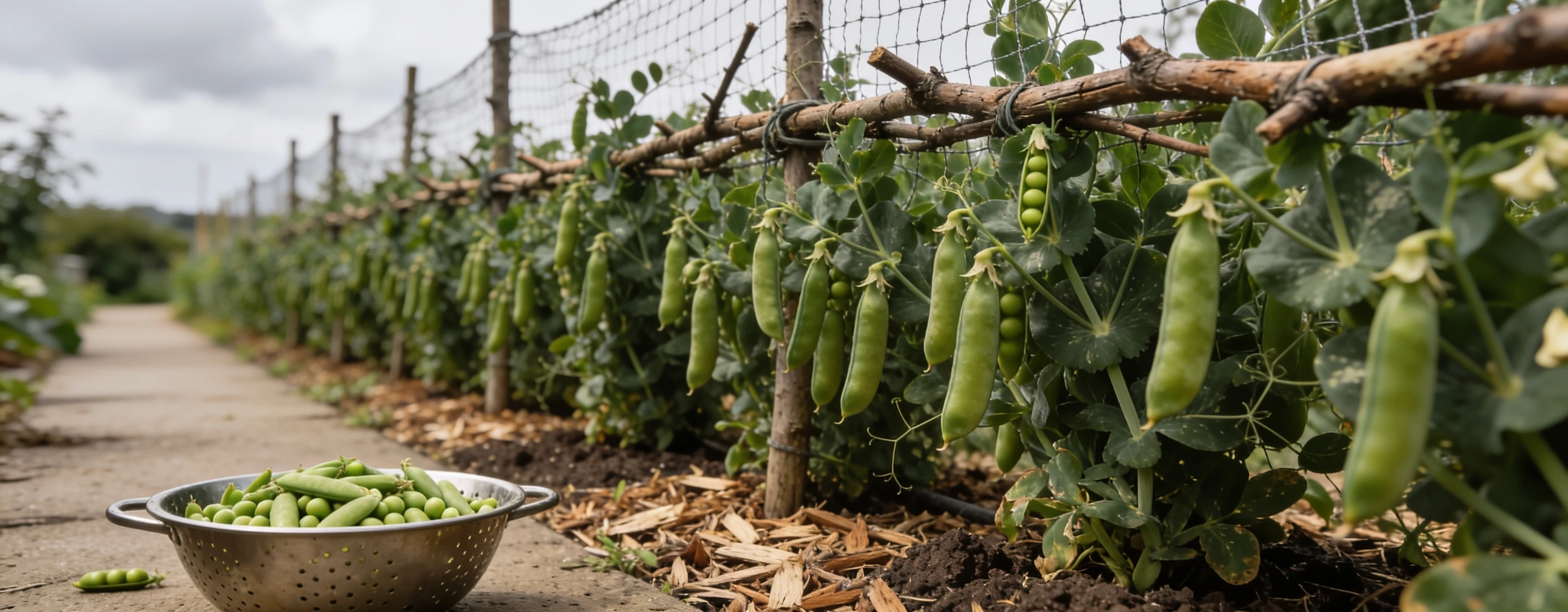 Sown early, supported on twigs, picked before the mildew Row of peas gripping twiggy prunings and netting with well filled pods and a colander of picked pods