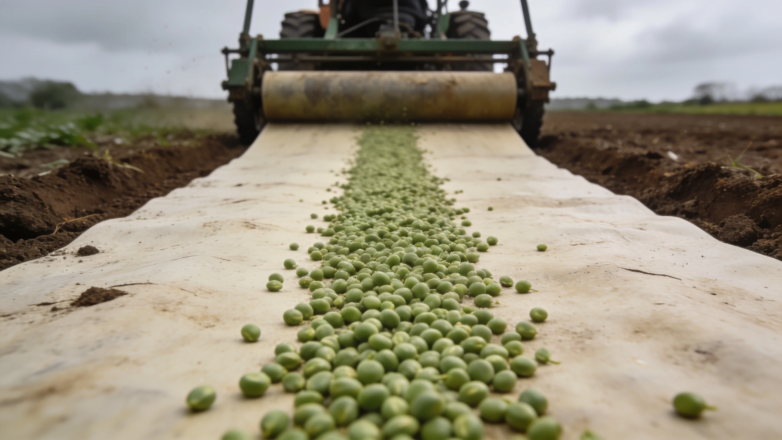 A wide flat drill, seeds scattered in a band Wide flat bottomed seed drill with pea seeds scattered evenly in a broad band before covering